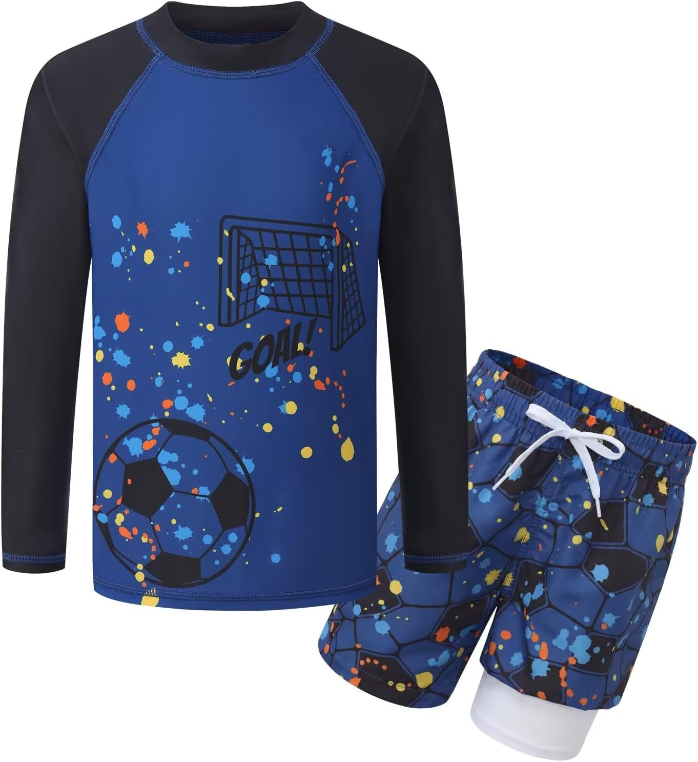 Boys Swim Set, Rash Guard Swimsuits Set Long Sleeve Bathing Suit with Compression Liner Swim Trunks Swimwear 3-16 Years