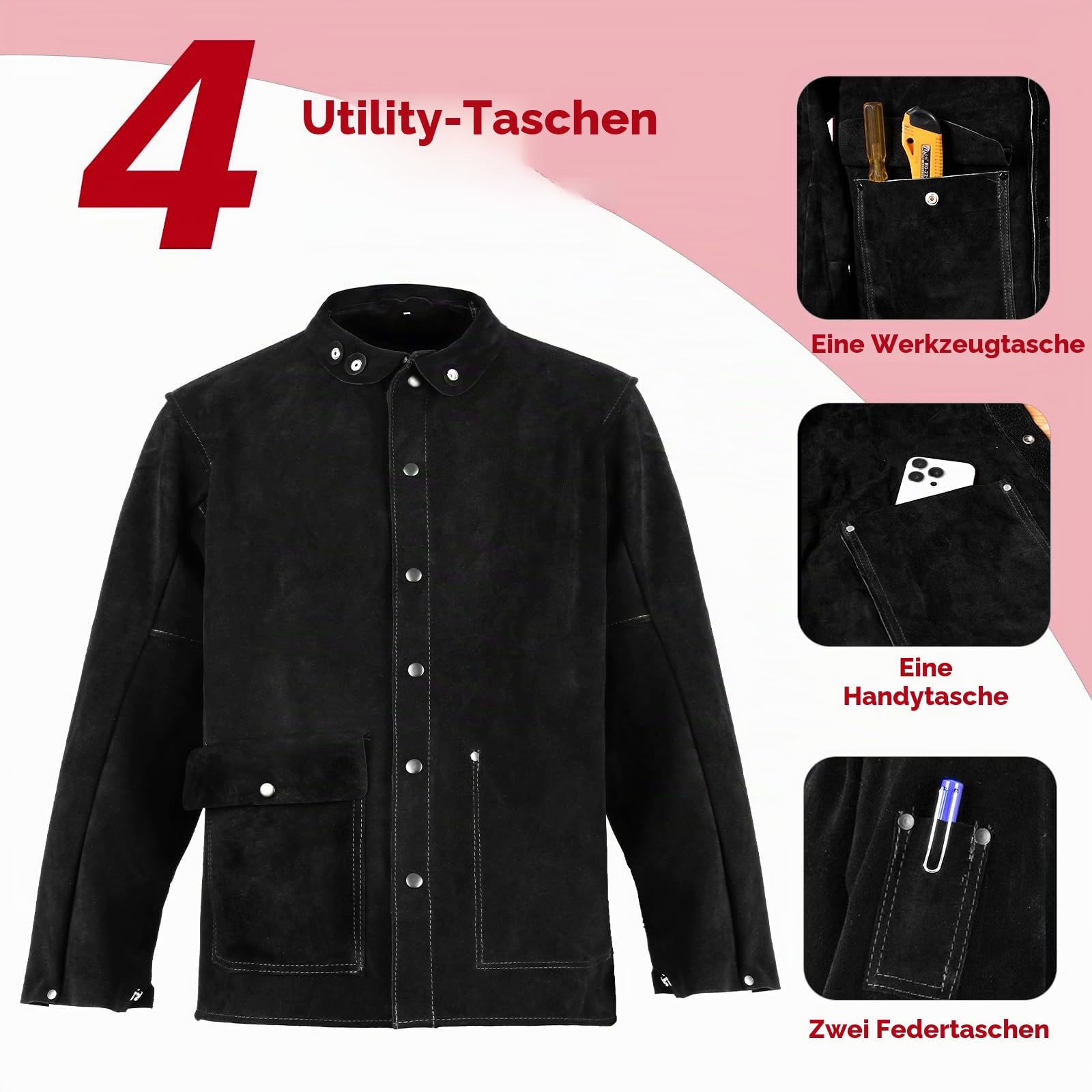 QeeLink Schweißerjacke Leder, Flammhemmend, Feuerfeste Arbeitslederjacke | Hitzebeständig, Atmungsaktiv, Strapazierfähig