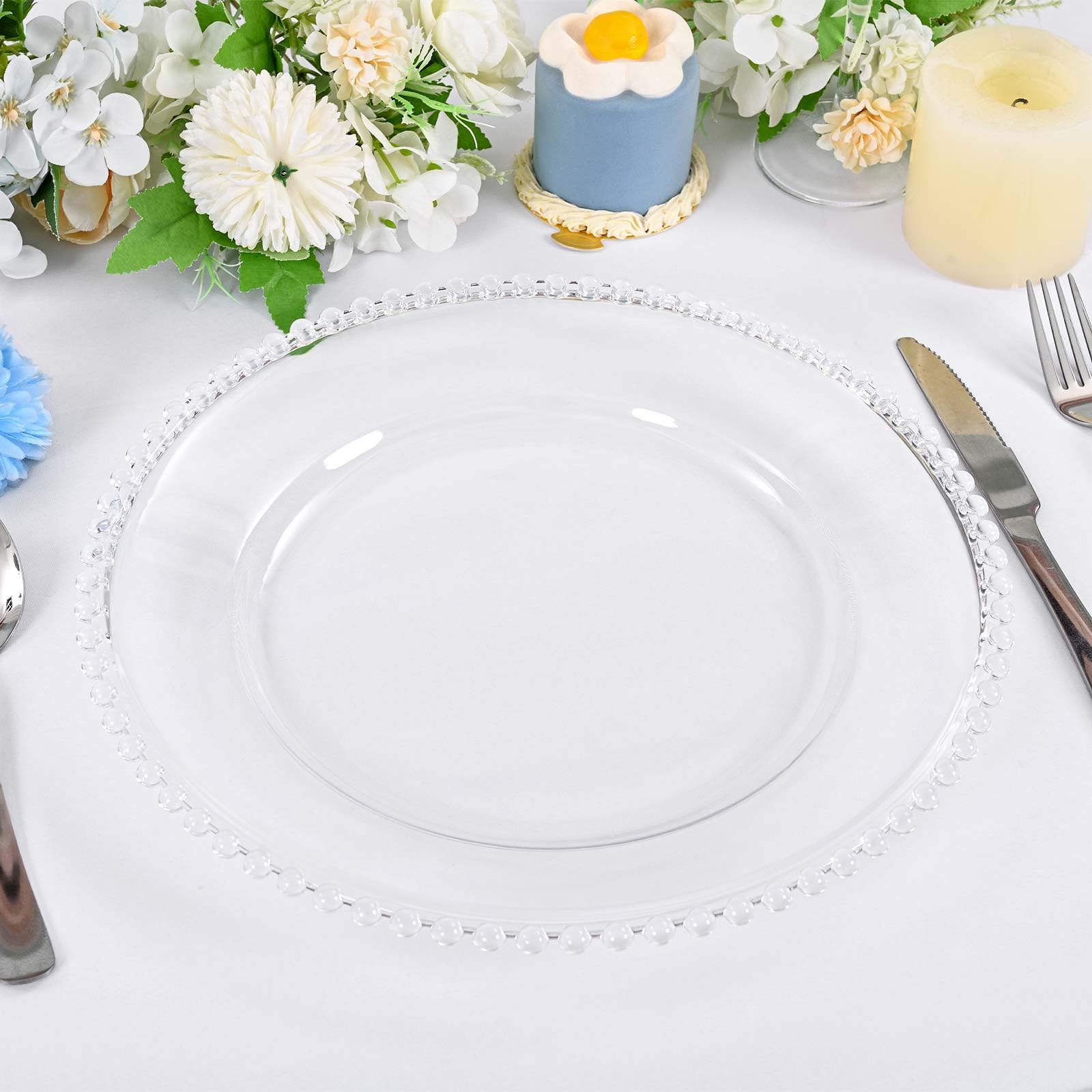 Paquete de 12 platos de carga redondos de acrílico transparente con borde de cuentas, plato decorativo de plástico de 13 pulgadas para mesa, boda, fiesta, evento