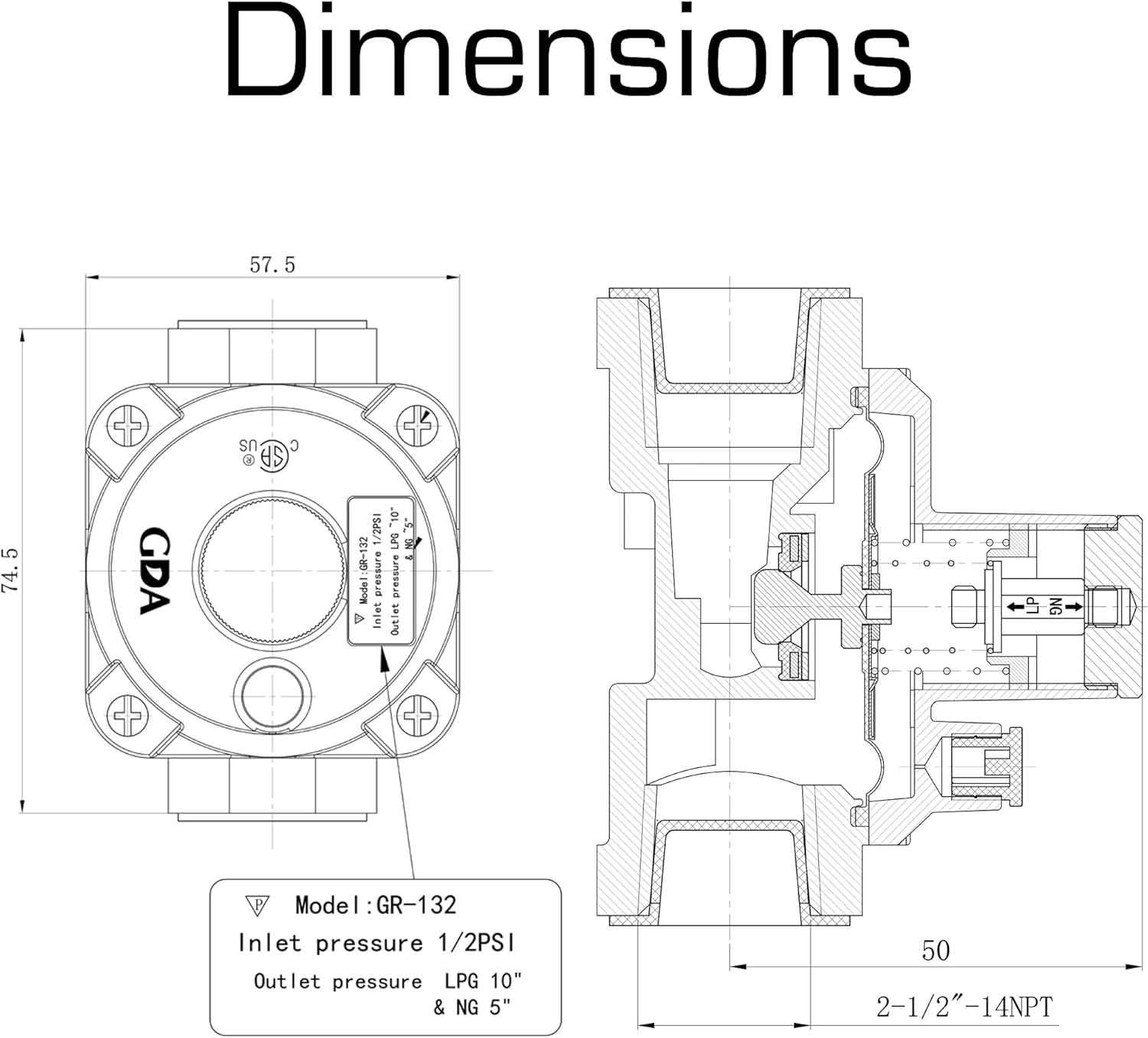 1/2" Natural/Propane Gas Pressure Regulator for Grill, CSA Certified, 1/2 PSI in, NG 4"/LPG 10" WC Out