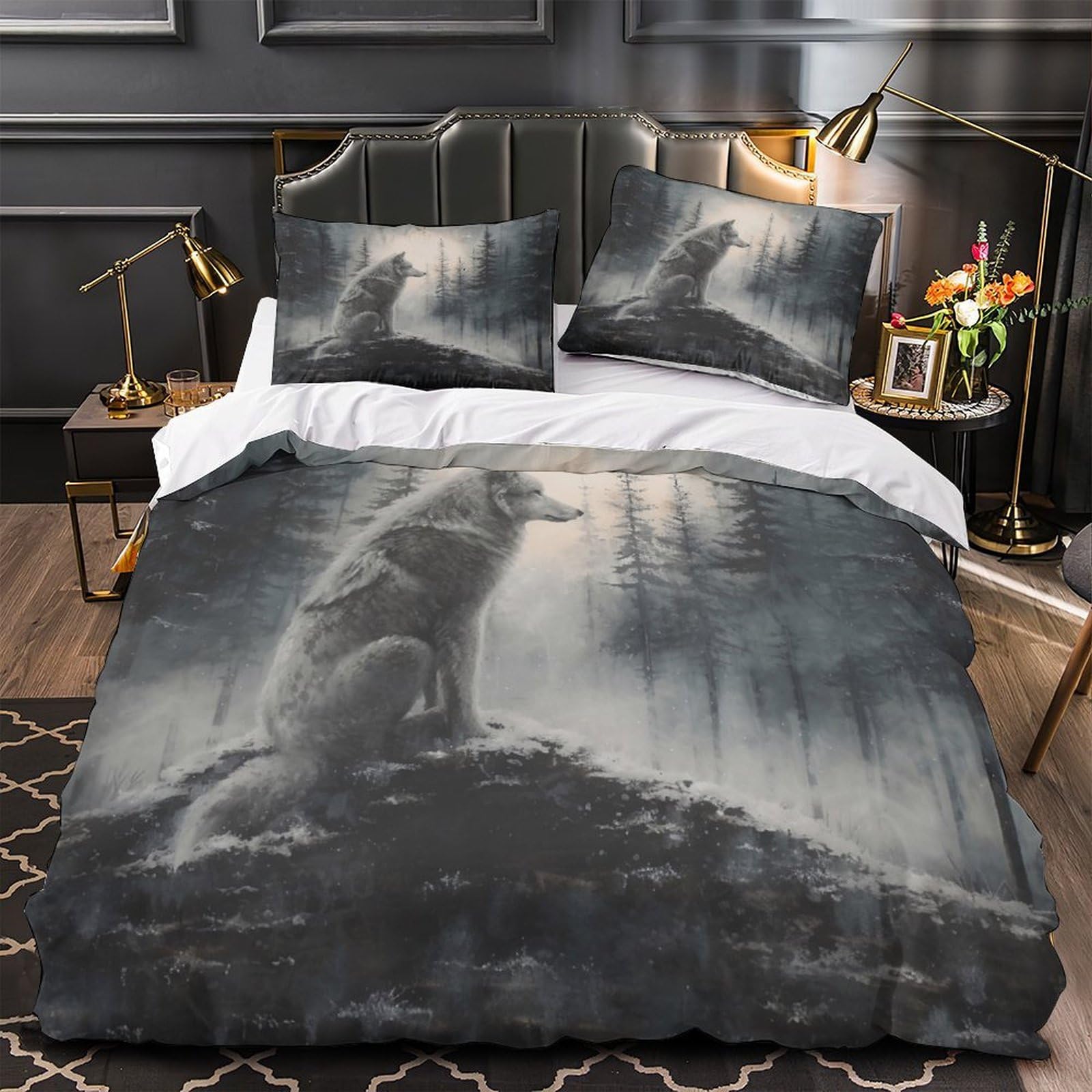 Parure de lit loup sauvage 3D housse de couette double microfibre pour chambre cosy