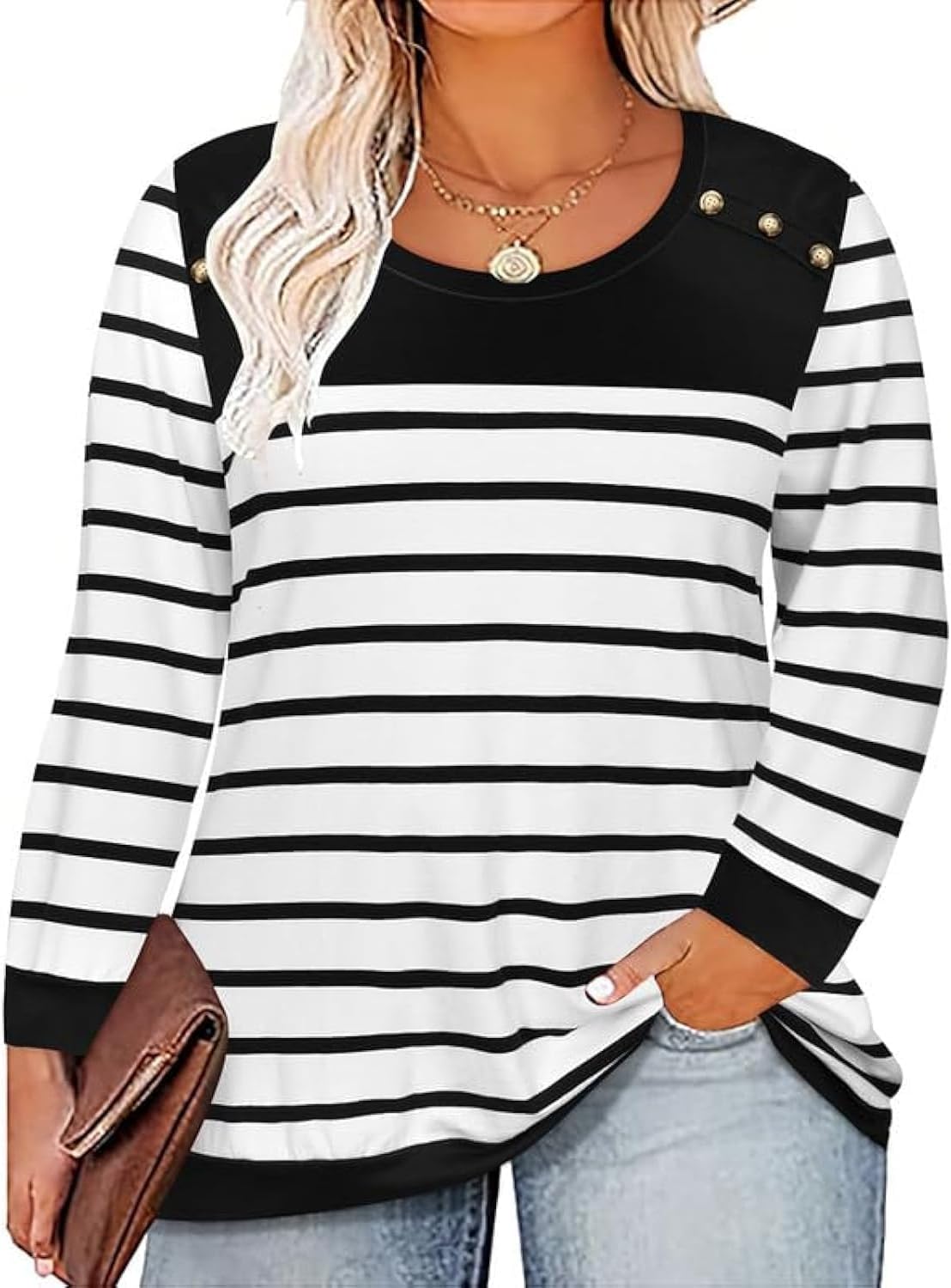 TIYOMI Plus Size Tops for Women Long Sleeve Shirts Crewneck Tunics Button Up Casual Loose Fit Tshirt XL-5XL 14W-28W