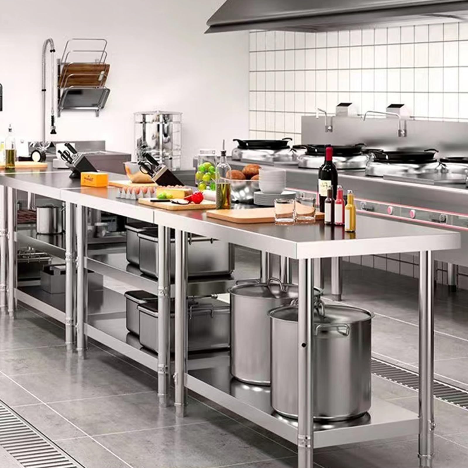 Banco da Lavoro Doppio con Ripiani Regolabili Banco da Lavoro in Acciaio Inox Ispessito Tavolo da Preparazione for La Cucina Tavolo in Metallo con Gambe Regolabili(39.4 * 19.7 * 31.5in)