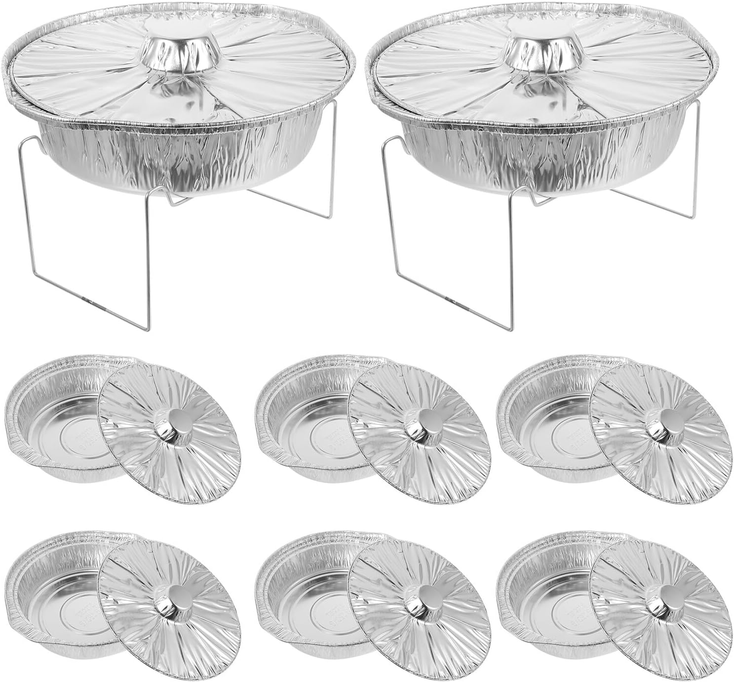 KALLORY Covered Foil Pot and Medium Iron Rack Set Small round Foil Barbecue Food Pots with Lids Heat-resistant Multi-function Household Cooking Pans for Outdoor Grilling 10pcs Set