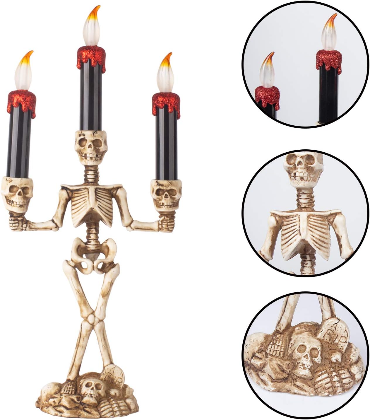 KI Store Skeleton Halloween Candelabra with Black LED Candles Set 20-Inch Gothic Decorations for Fireplace Mantel Table Centerpieces (Black and White)