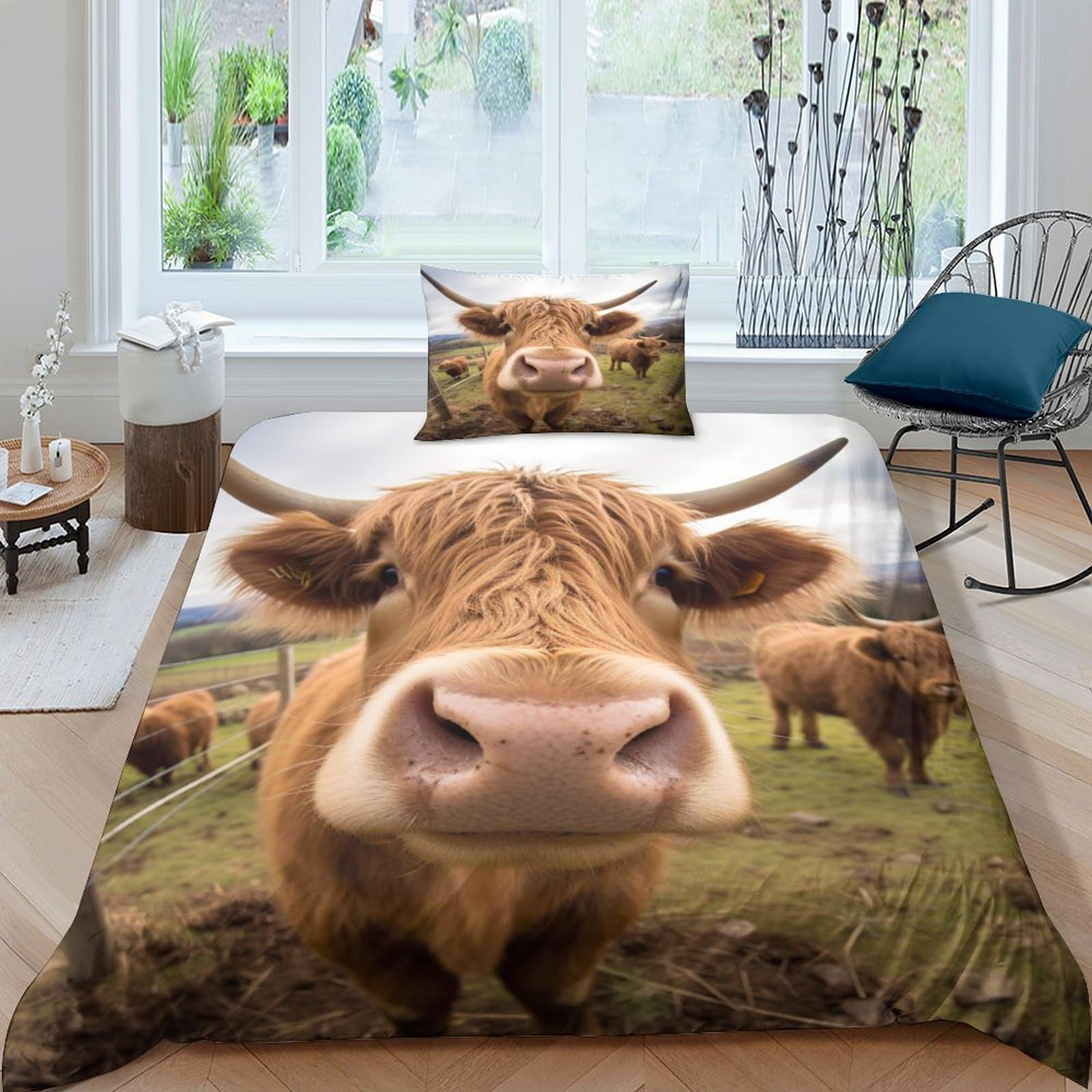 AAHARYA Highland Cattle Bedding Set 3D Duvet Cover Set Soft Microfiber Quilt Cover with Pillowcases,Cute Cow Comforter Cover 3 Piece Set Single（135x200cm）