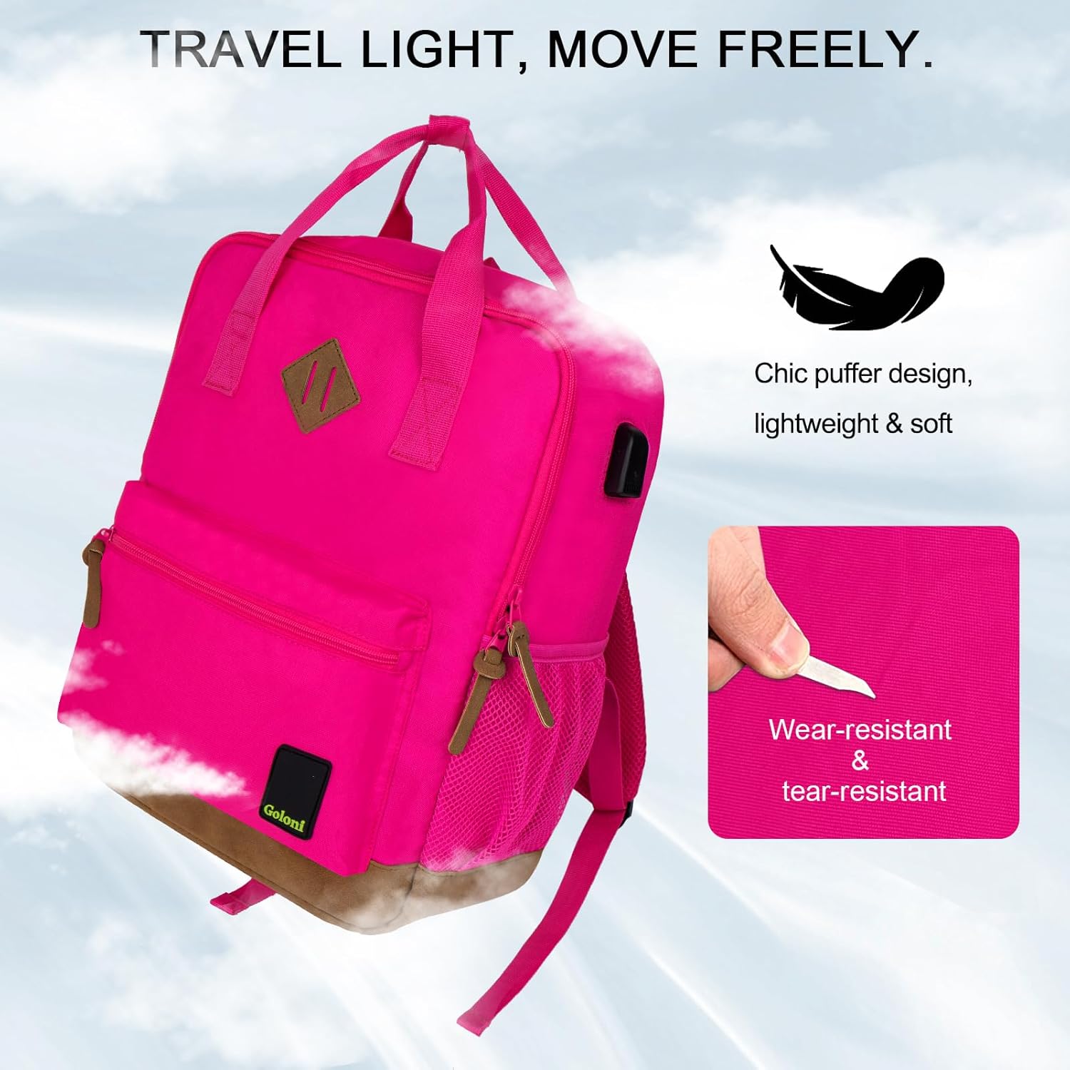 Goloni Classic Backpack with USB Charging Port,Water Resistant Travel Backpack for Men & Women,Laptop Backpack Flight Carry On