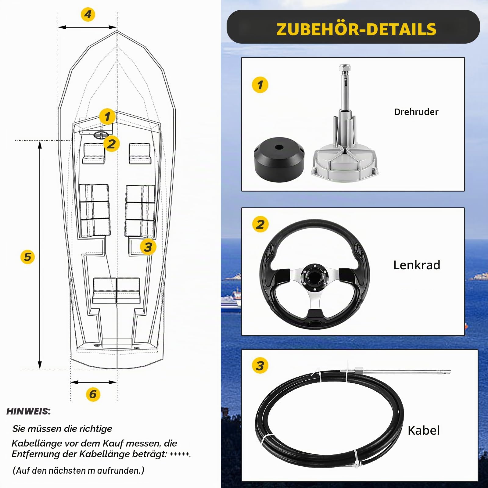 Bootslenksystem, mechanisches Rotationslenkungs-Kit, 396,24 cm Kabel-Steuerkabel Außenborder, Marine-Lenkungssysteme für Yachten, Fischerboote und andere Wasserfahrzeuge - mit Lenkrad