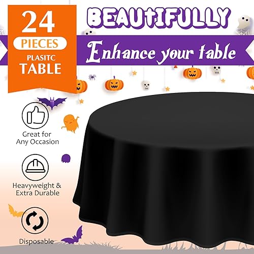 Miniatura 2 de Amylove Mantel redondo de plástico, desechable, de plástico, impermeable, decorativo, para Halloween, Acción de Gracias, Navidad (naranja, negro,