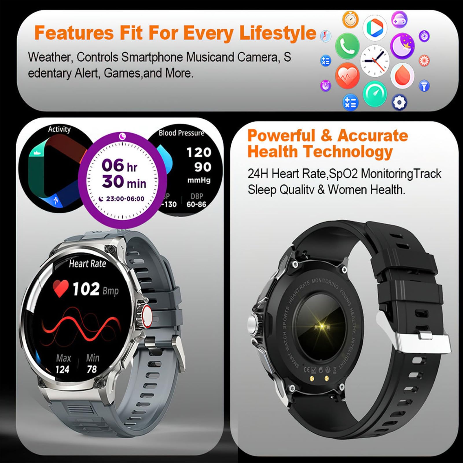 Inteligentny 1,85-calowy zegarek Smartwatch HD Touch dla mężczyzn i kobiet, wodoodporny monitor aktywności IP68 ze 100 trybami sportowymi,Silver