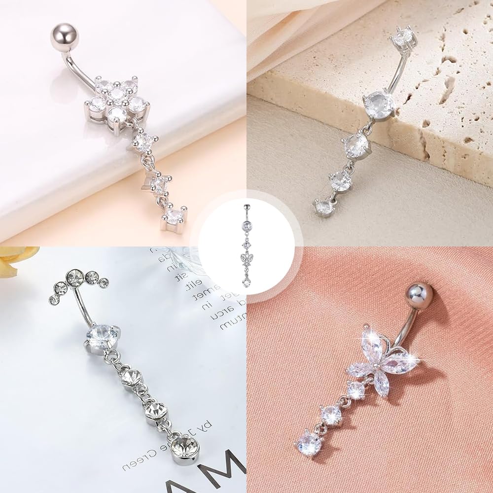 5 Pezzo Piercing Ombelico Piercing Ombelico Pendente in Acciaio Inossidabile Set Cuore Farfalla Gioielli per Le Donne (Argento)