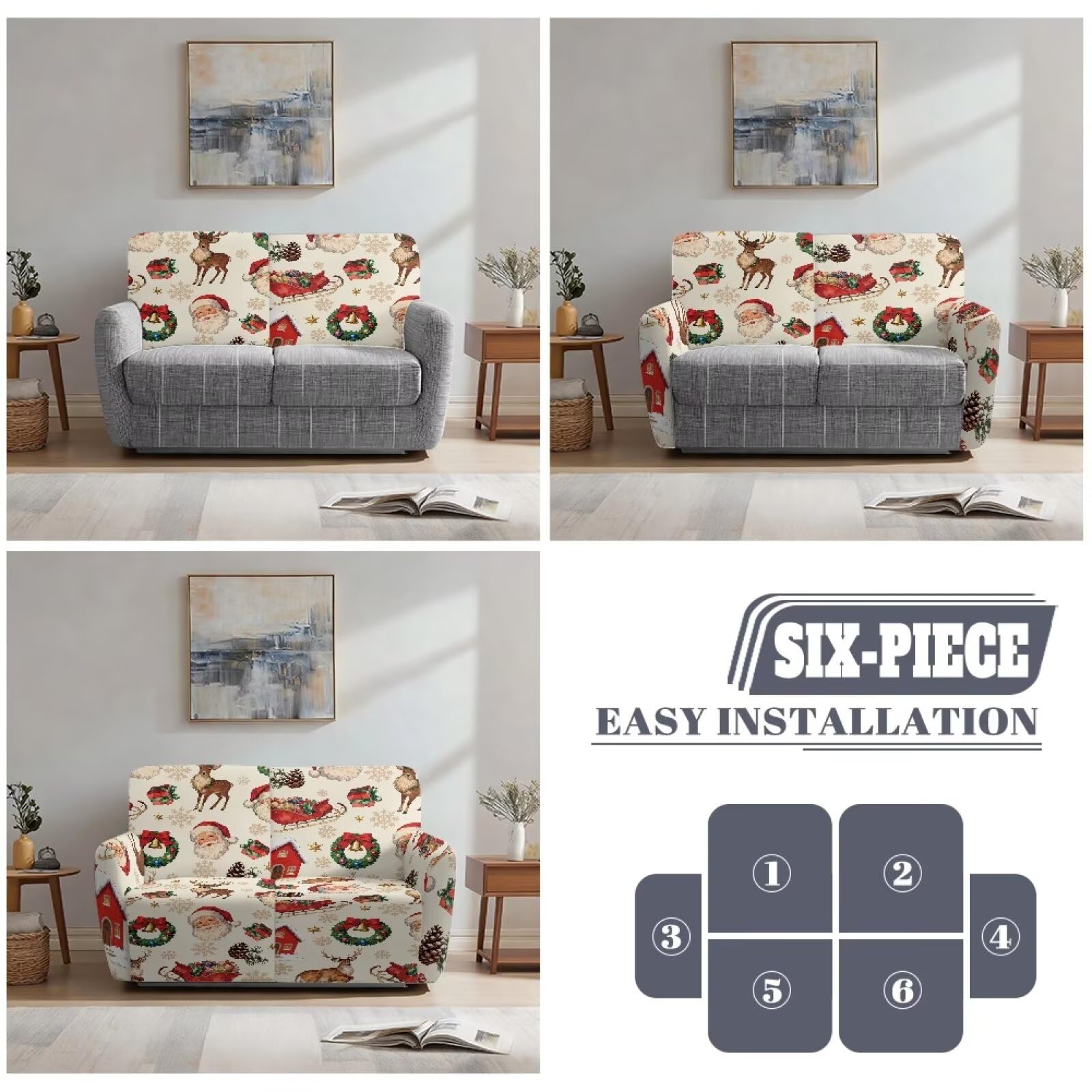 Świąteczny pokrowiec na leżankę Loveseat, beżowy, Święty Mikołaj, miękkie pokrowce na kanapę z boczną kieszenią, do sypialni, sanek, odporny na plamy, ochraniacz na meble, pokrowiec do hotelu