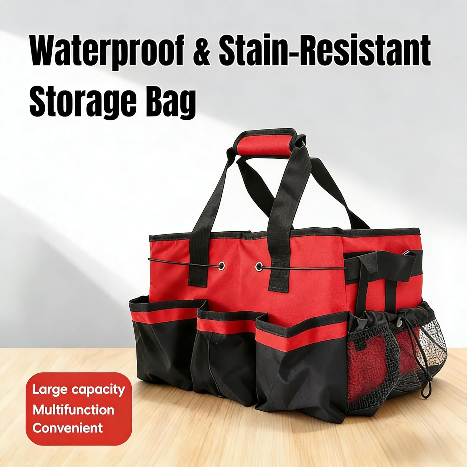 Multi - Purpose Cleaning Tool Organizer Tote Bag, Large Capacity with Adjustable Compartments, Portable Hand Strap & Adjustable Shoulder Strap for Cleaning, Gardening, Car Organization (Red)