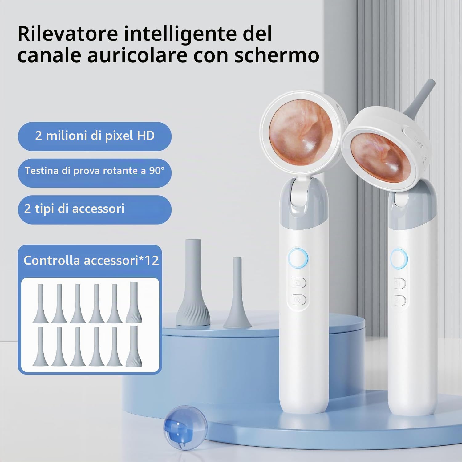 Otoscopio auricolare wireless con fotocamera HD 1080p, 4 luci LED, display da 1,39 pollici, testa di ispezione pieghevole, supporto foto e video per rimozione del cerume, adatto a tutte le età e