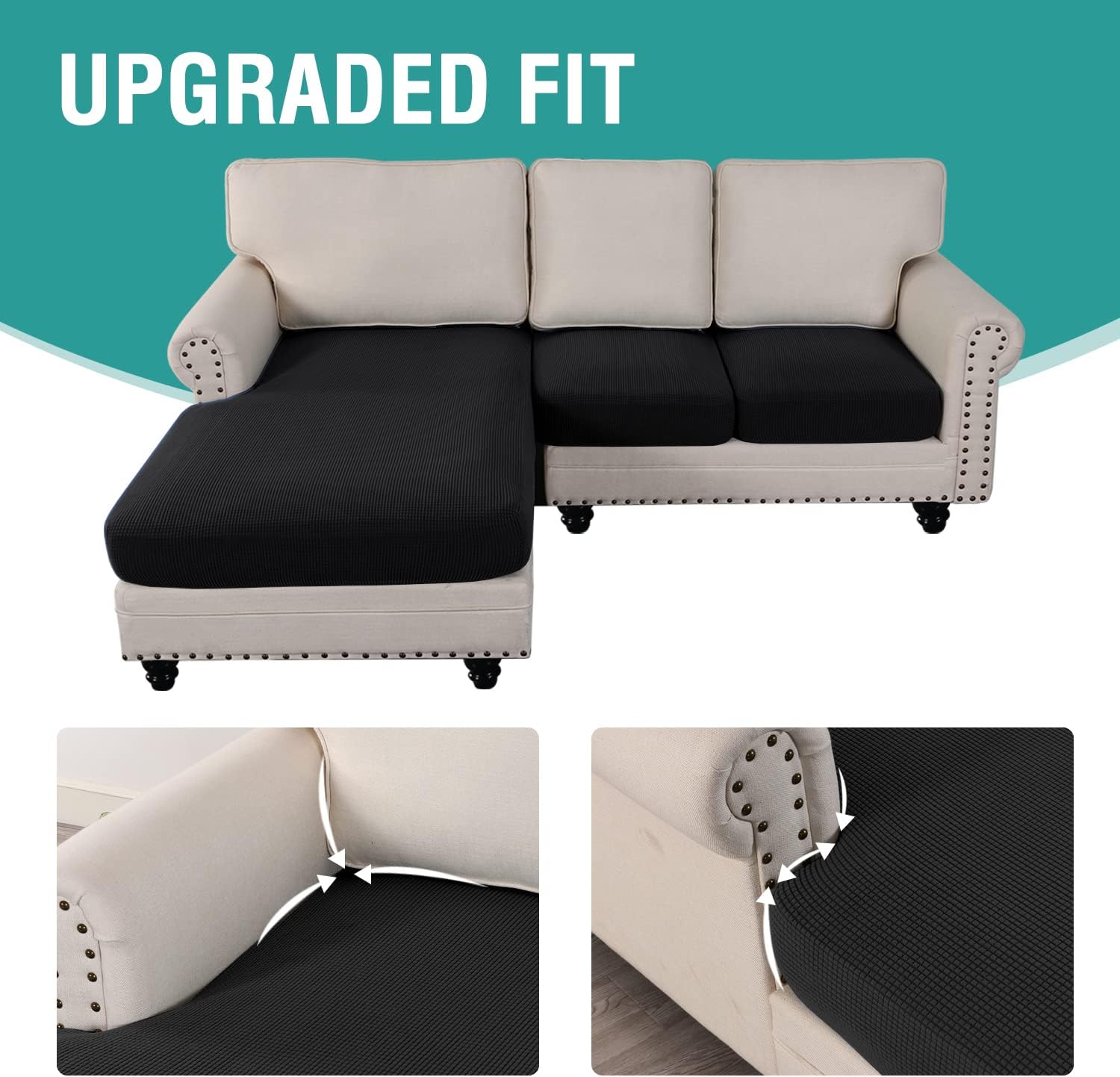 Sectional Couch Covers, 3 Piece Stretch Anti-Slip L Shape Sofa Slipcovers, Separate Sofa Seat Cushion Covers Chaise Cover for Both Left/Right Sectional Couch (Black, 2 Seater + Chaise)