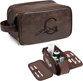 Travel Toiletry Bag For Mens PU Leather Engraved Initials (Dark Brown G)
