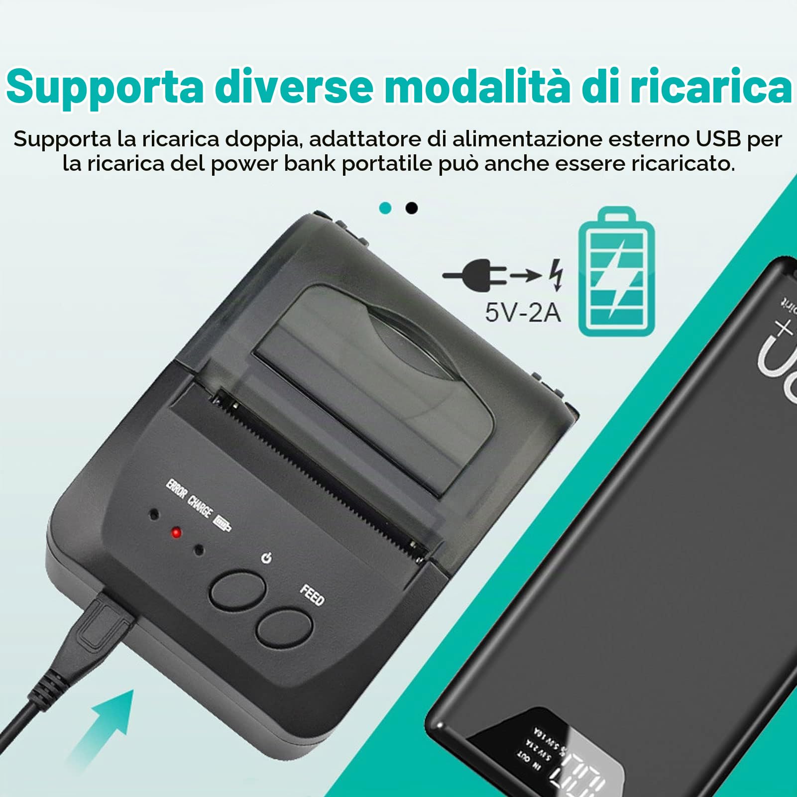 Stampante per Ricevute Bluetooth, POS-5809DD Mini Stampante per Ricevute POS Wireless da 58 Mm Stampante Termica Portatile da 90 Mm/s per Casa, Ufficio, Negozio, Compatibile con (Spina UE)