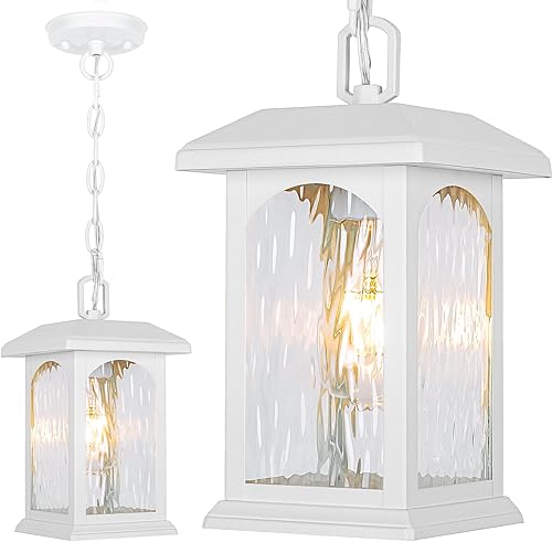 Lámpara colgante blanca para exteriores  Lámparas colgantes exteriores ajustables, luz de porche impermeable con vidrio ondulado, moderna lámpara