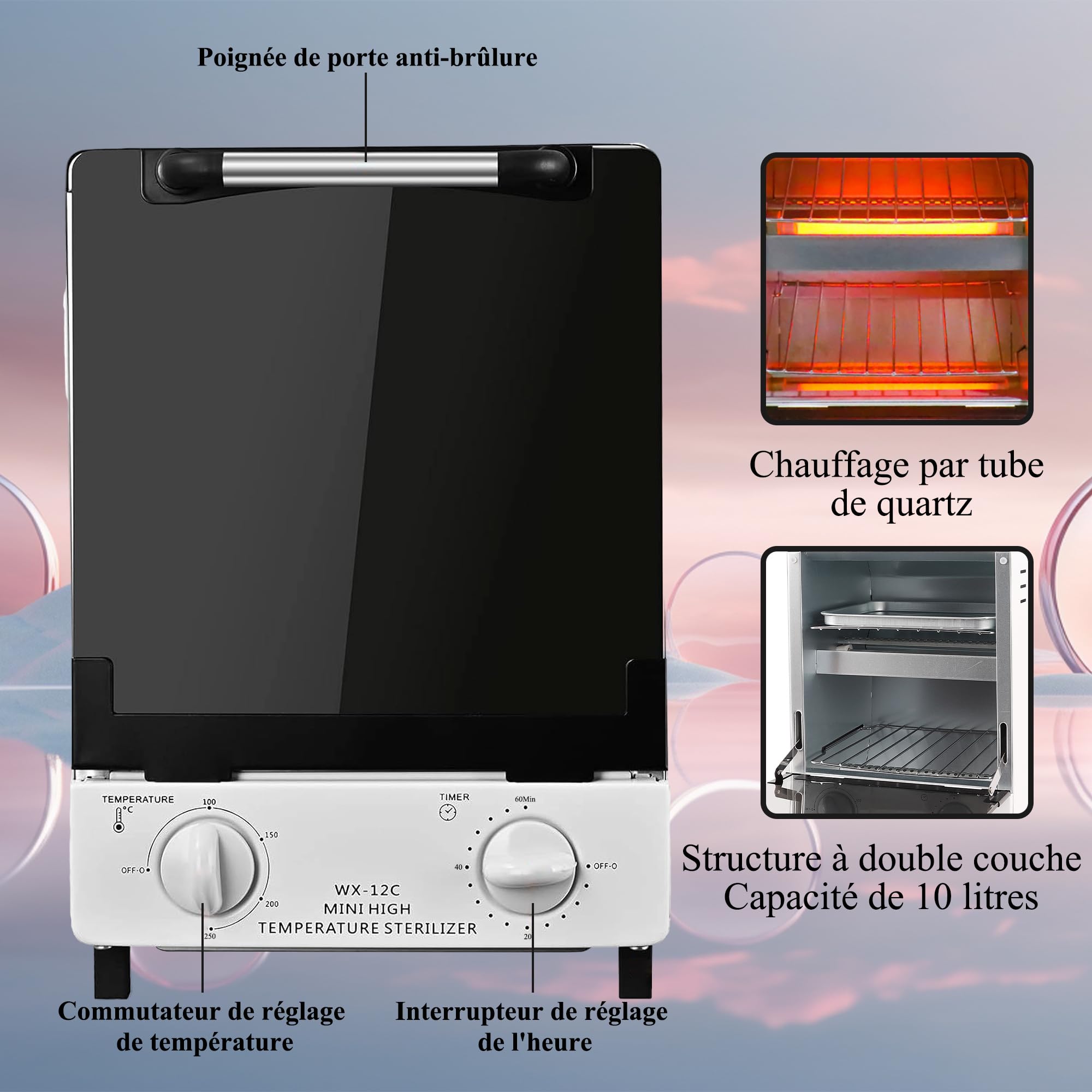 Stérilisateur à air chaud de 12 litres, double stérilisateur à chaleur sèche, autoclave à infrarouge de 250 degrés avec contrôle de la minuterie, pour les salons dentaires et les ongleries