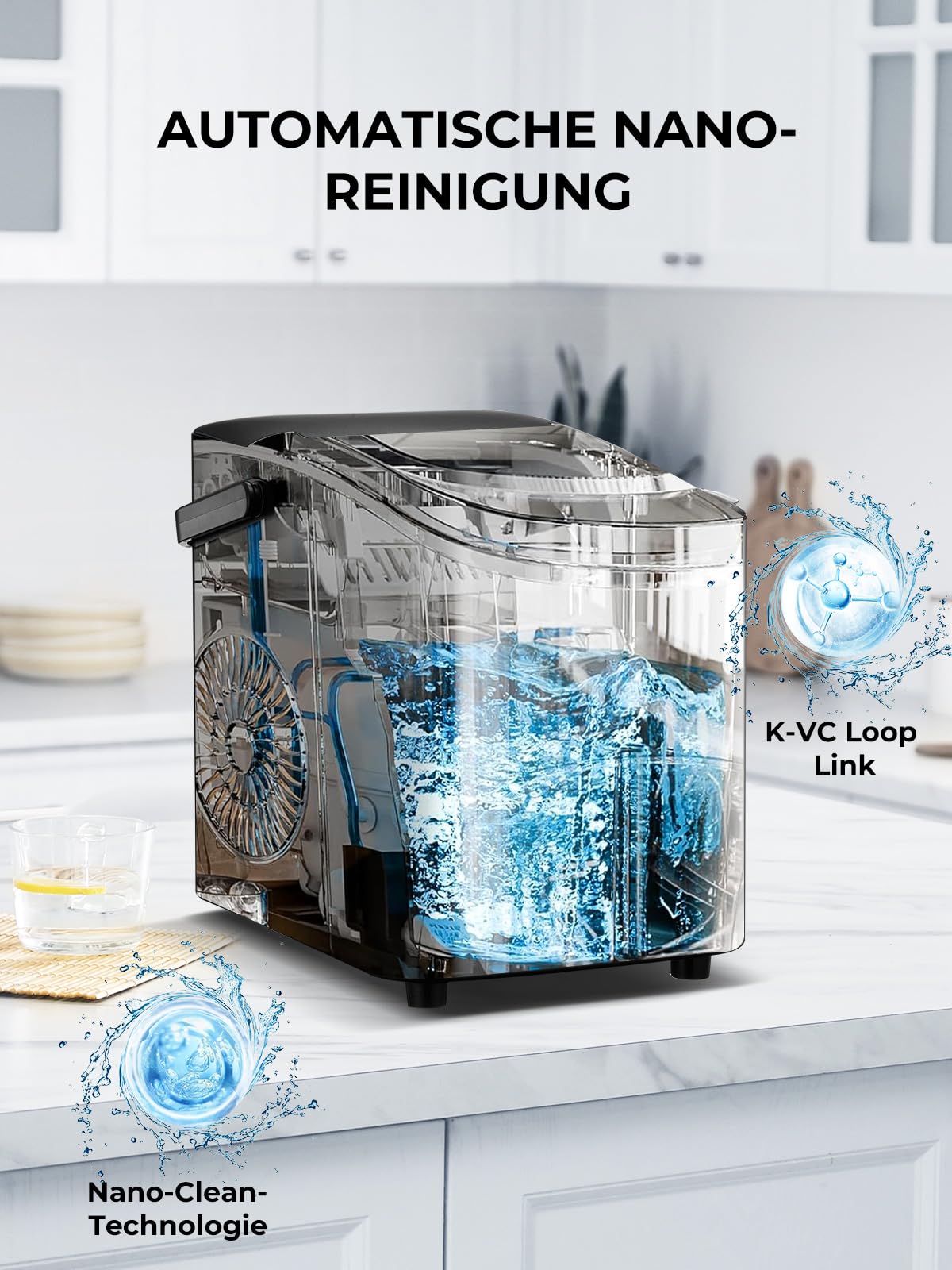 FOHERE Eiswürfelmaschine, Eiswürfel in 5 Minuten, 14KG in 24 Stunden, Selbstreinigender Mini Eiswürfelbereiter, 2 Eiswürfel Größen für Küche, Büro, Bar und Party (Tiefschwarz)