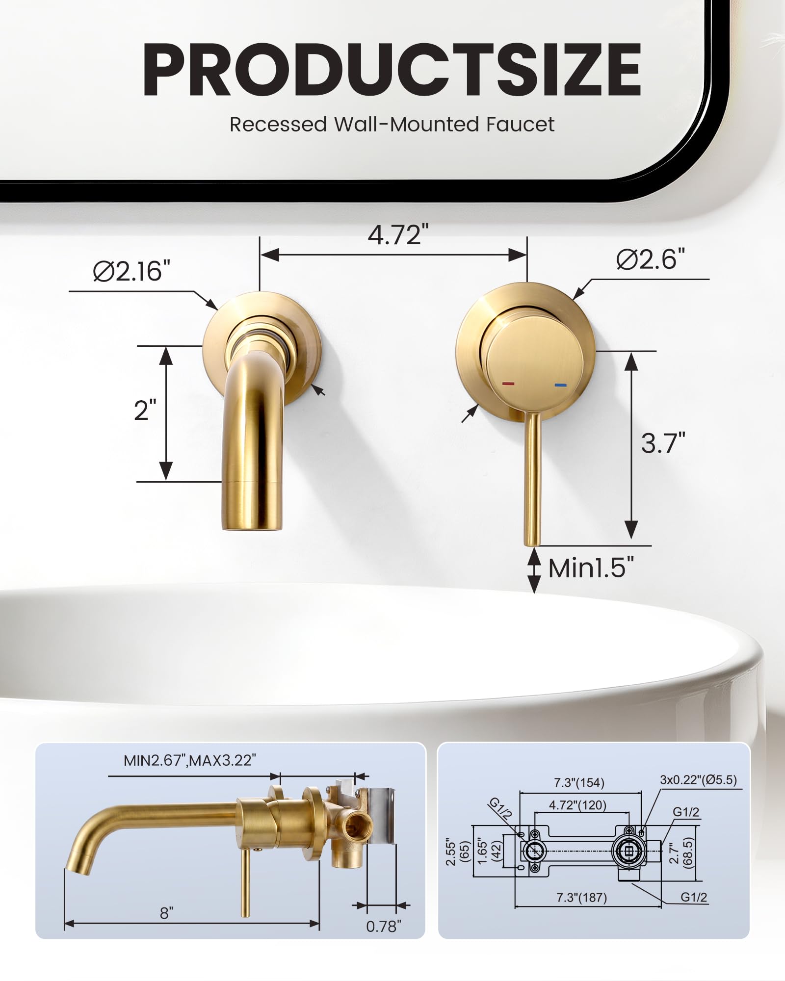Grifo de lavabo, giratorio 360°, montaje en pared, grifo de baño empotrado, de cobre con cartucho de cerámica, color dorado (dorado)