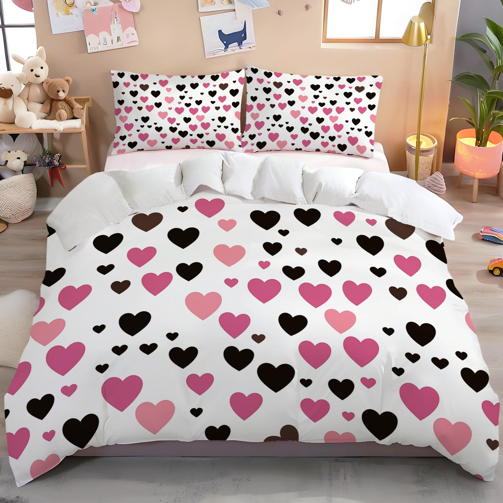 Ensemble de literie pour garçons filles housse de couette 200x200 cm et taies 65x65 motif cœur
