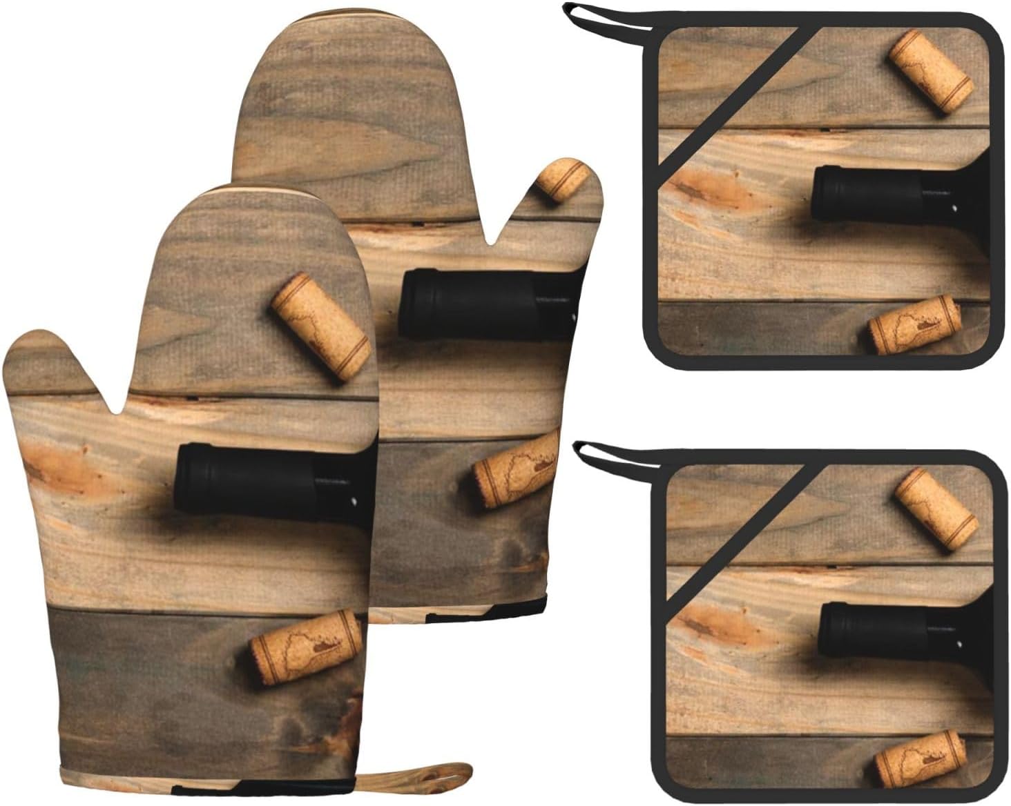 Wine Bottle Corks Grapes Oven Mitts and Pot Holders Set of 4 Heat Resistant Kitchen Gloves with Silicone Palm Hot Pads for Baking Cooking Grilling BBQ