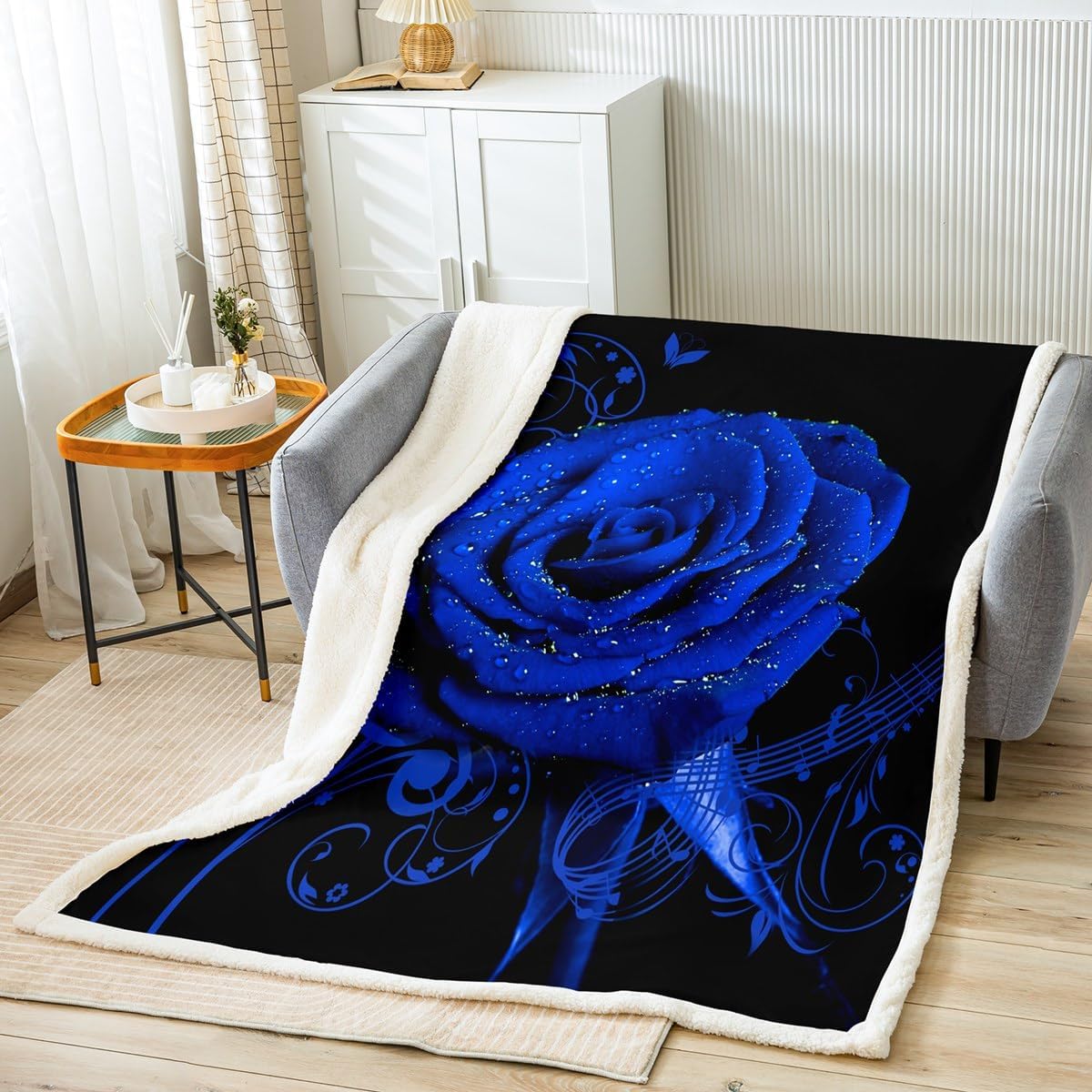 jejeloiu Blue Rose Floral Fleece Throw Blanket Throw 50"x60" Couple Valentine's Day Botanical Plush Blanket for Bed Sofa Girls Women Lover Music Blossom Flowers Sherpa Blanket Romantic Fuzzy Blanket