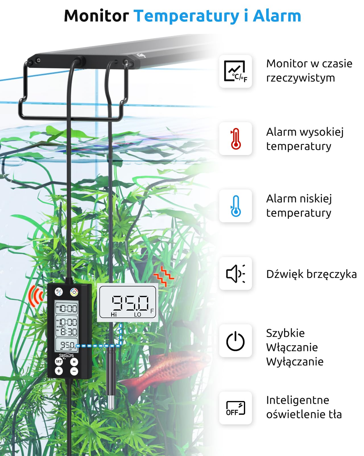 SEAOURA Aquarium Plant Light with Temperature Detector, 18-24in Full Spectrum Fish Tank Lights, 24/7 Programmable with Power off Memory, WRGB Custom, 20 Level Dimmable for Freshwater Aquariums