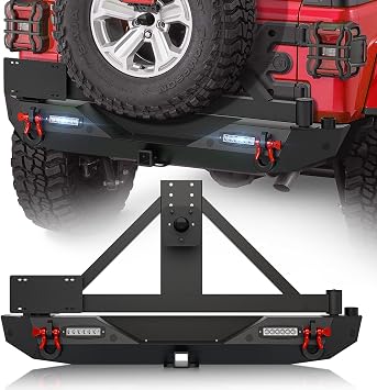 Rear Bumper with Tire Carrier Compatible with 2018 2019 2020 2021 2022 2023 2024 2025 2026 Jeep Wrangler JL JLU with LED Lights, License Plate Bracket, Sensor Holes, Hitch Receiver & D-rings