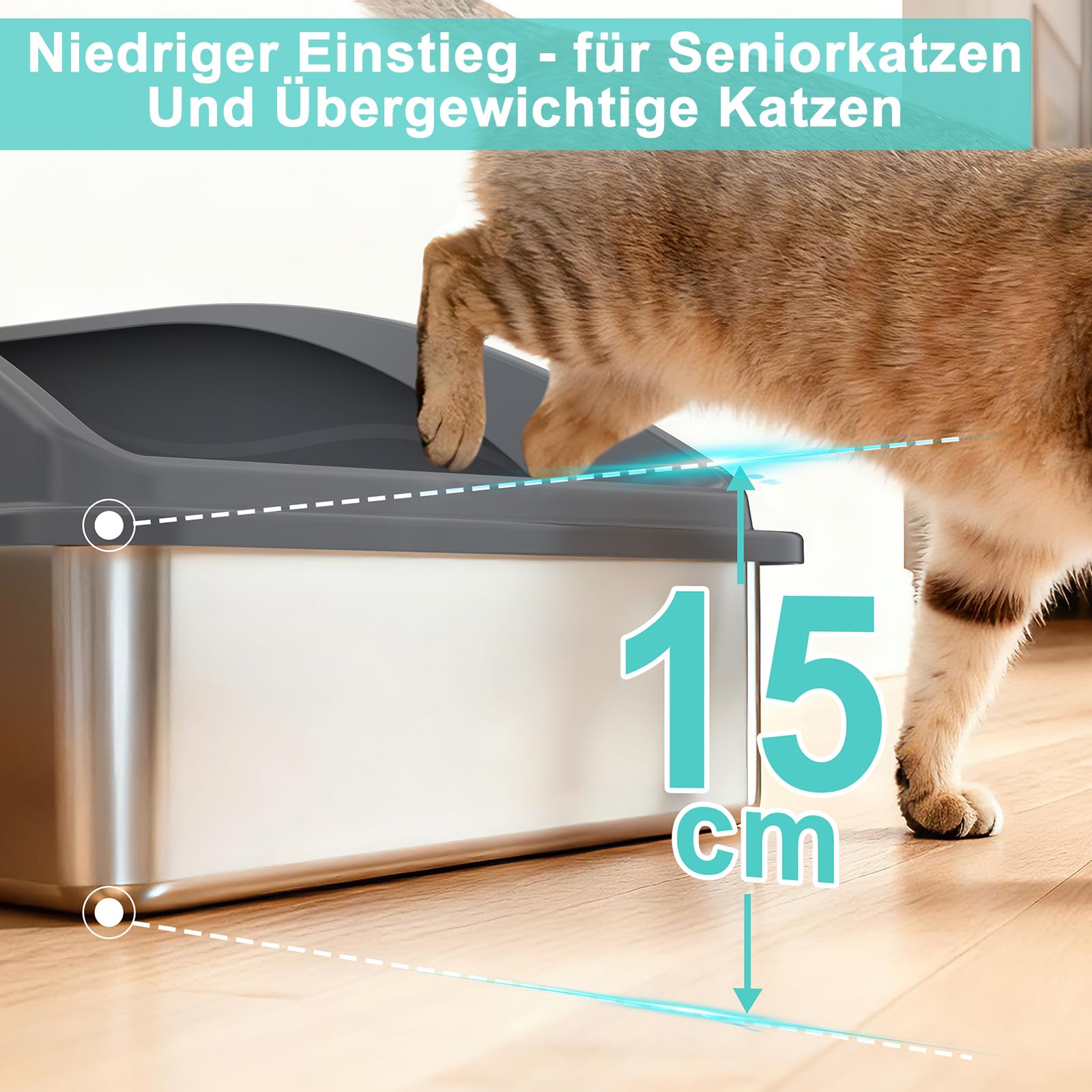 FURTIME Katzenklo Edelstahl XXXL, Katzentoilette Edelstahl 71x51x31 cm, Extra Großes Katzenklo mit Abnehmbarem Hohem Rand, Leicht zu Reinigen, Geeignet für Mehrkatzenhaushalte & Große Katzenrassen