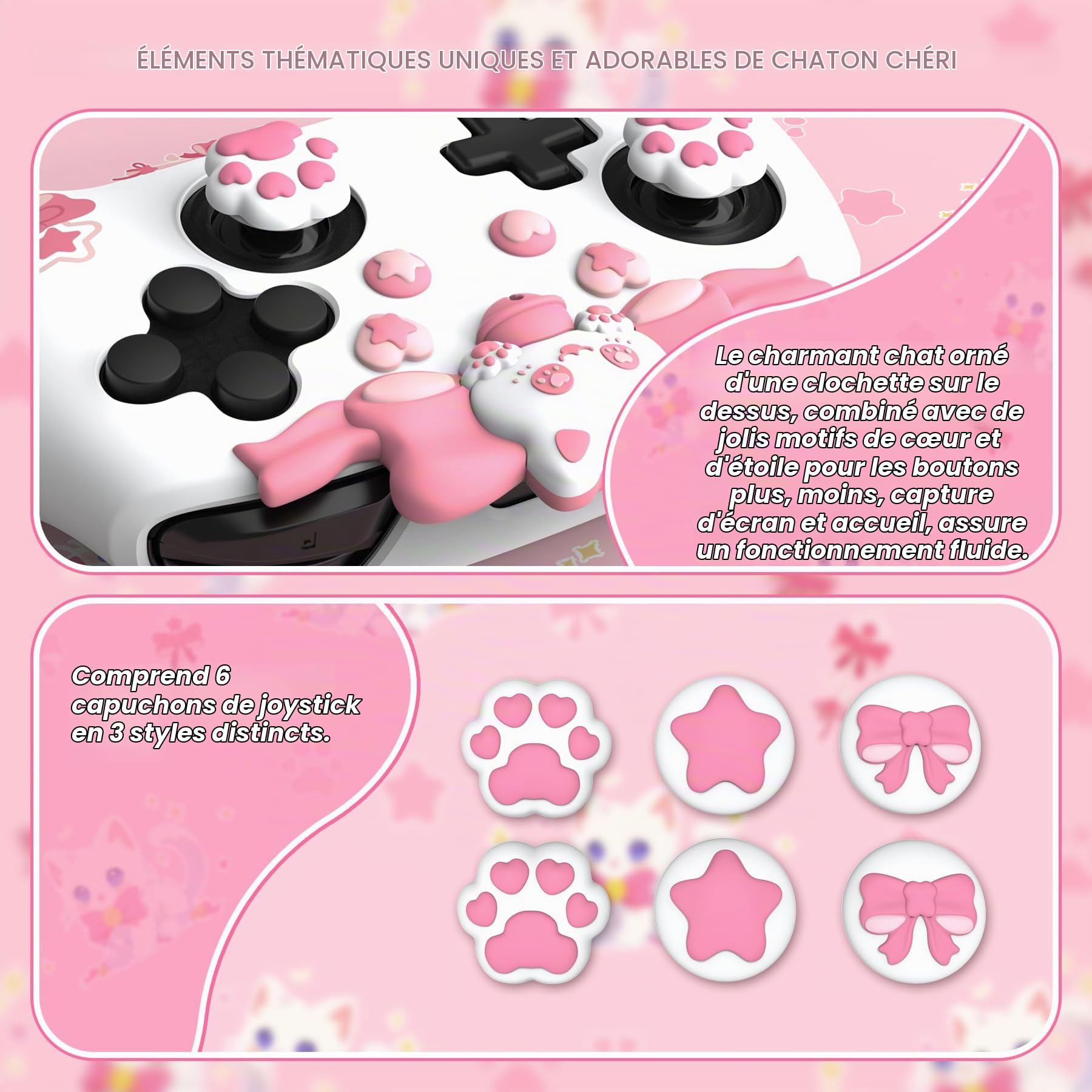 playvital Coque pour Switch Pro Protection Manette,Housse pour Switch Pro Case avec Capuchon Joystick-Blanc,Chérie Kitty