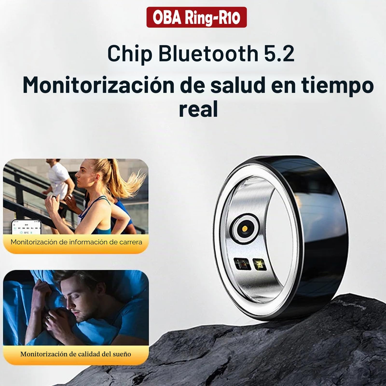 Oba R10 - Anillo Inteligente con Contador de Pasos, Distancia, calorías, frecuencia cardíaca, Calidad del sueño, Nivel de estrés, oxígeno en Sangre, aplicación de Cobertura de cerámica (tamaño - XL,