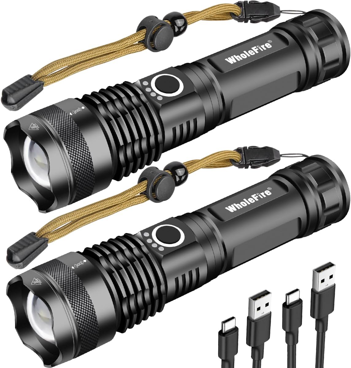 Rechargeable USB LED Torch Super Bright 90000 Lumens, XHP70 Zoom Waterproof Powerful Flashlight 5 Modes for Outdoor Emergency Lighting with Power Indicator, 2 Pack