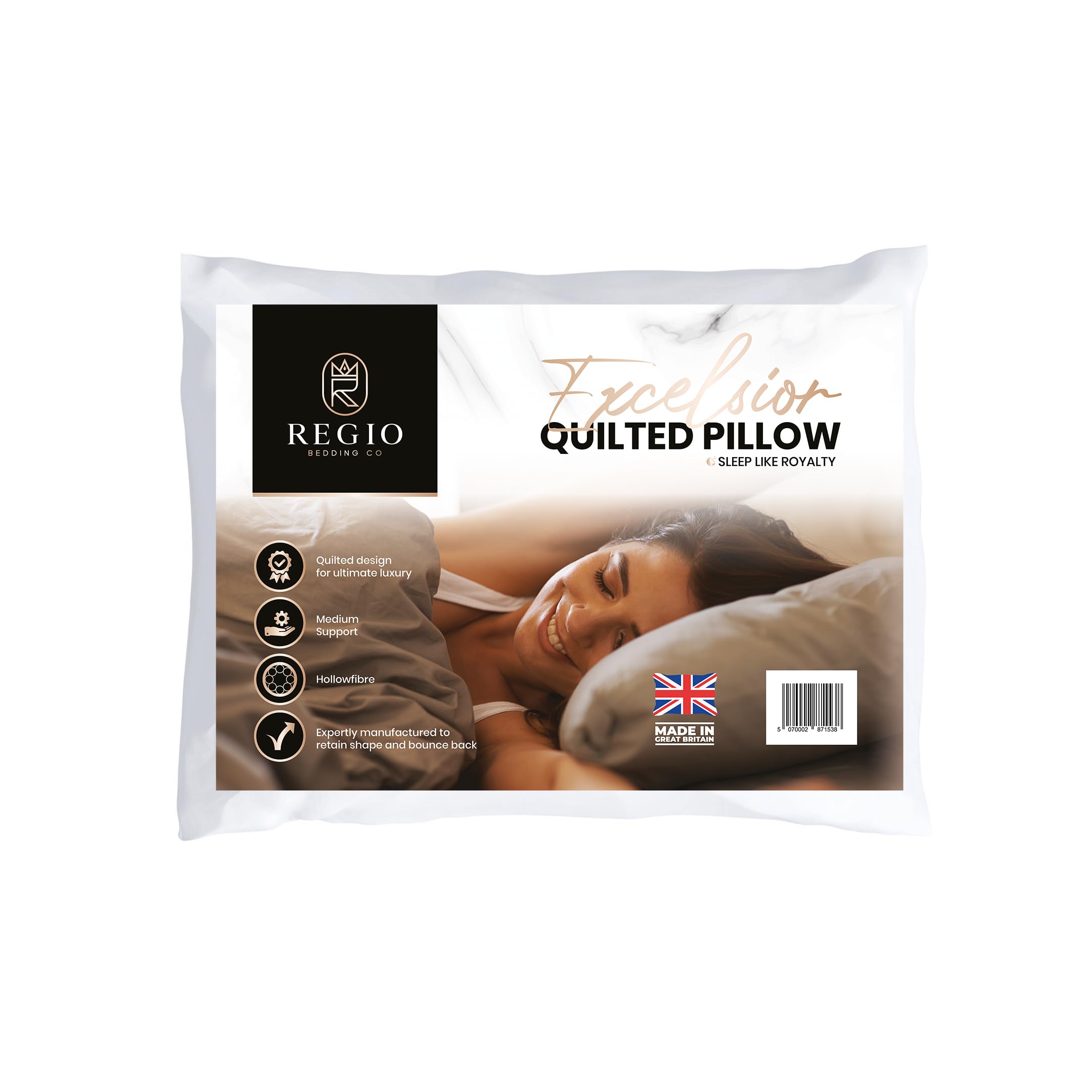 Regio Bedding Co Excelsior Quilted Pillow - 1 Pack Medium Support With Quilted Polycotton Cover, Bounce Back Hollowfibre Pillows for Stomach, Back and Side Sleepers, Hotel Pillows - Made in the UK
