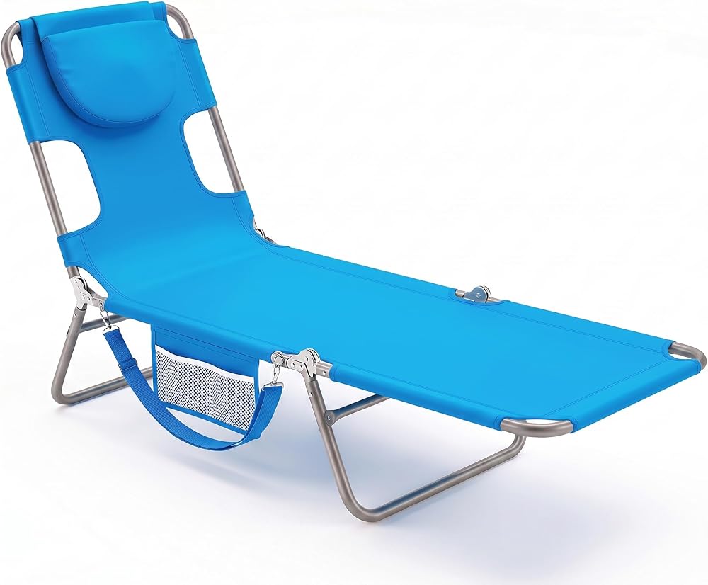 Lounge Chair Outdoor, Beach Tanning Chair with Face Hole, Blue | 5-Position Adjustable Sunbathing Tanning Chair, Foldable Portable Chaise Lounge by Pool Patio Lawn Camping Reading, Arm Hole