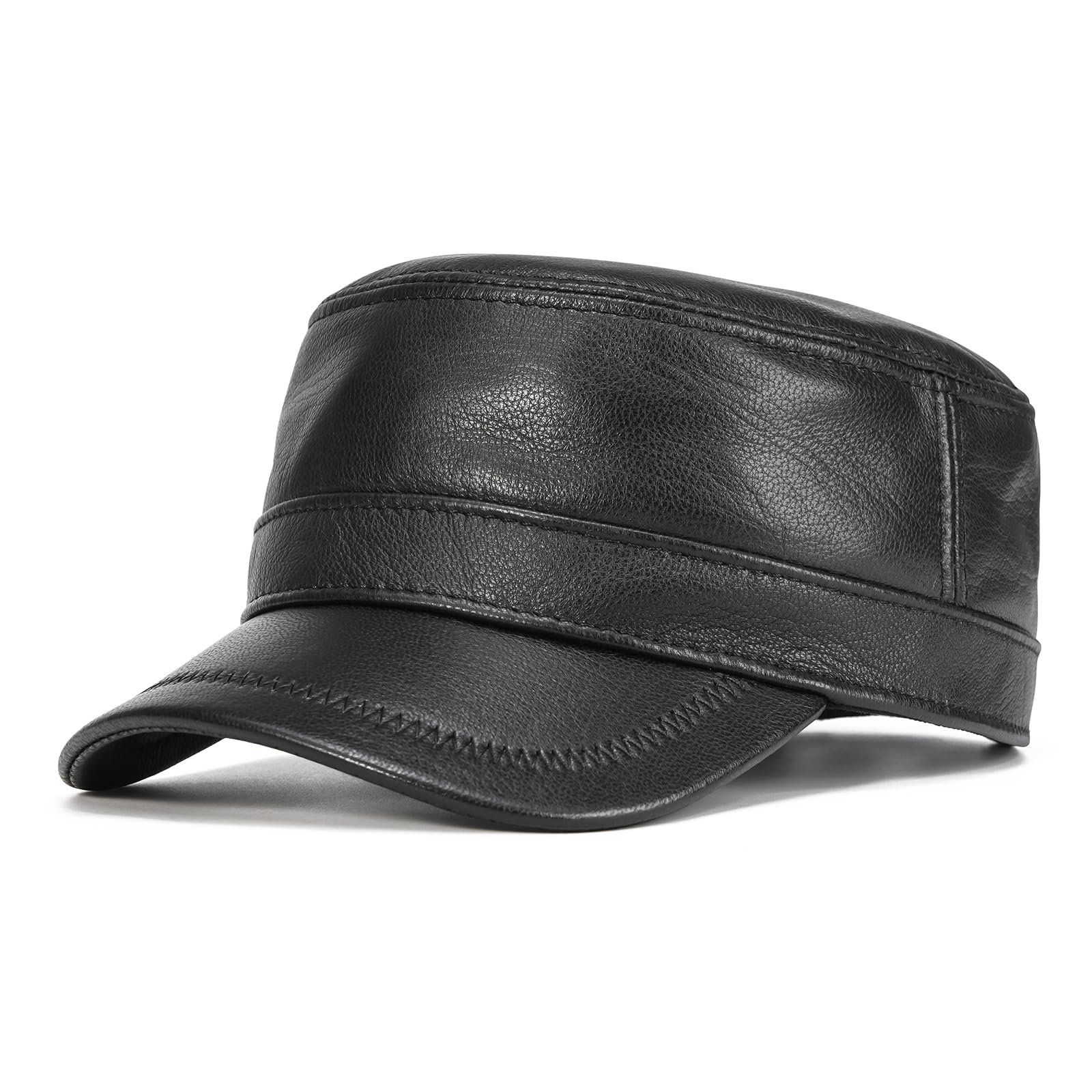 VOBOOM Leather Cadet Army Cap Adjustable Flat Top Military Style Hat for Men (Black)