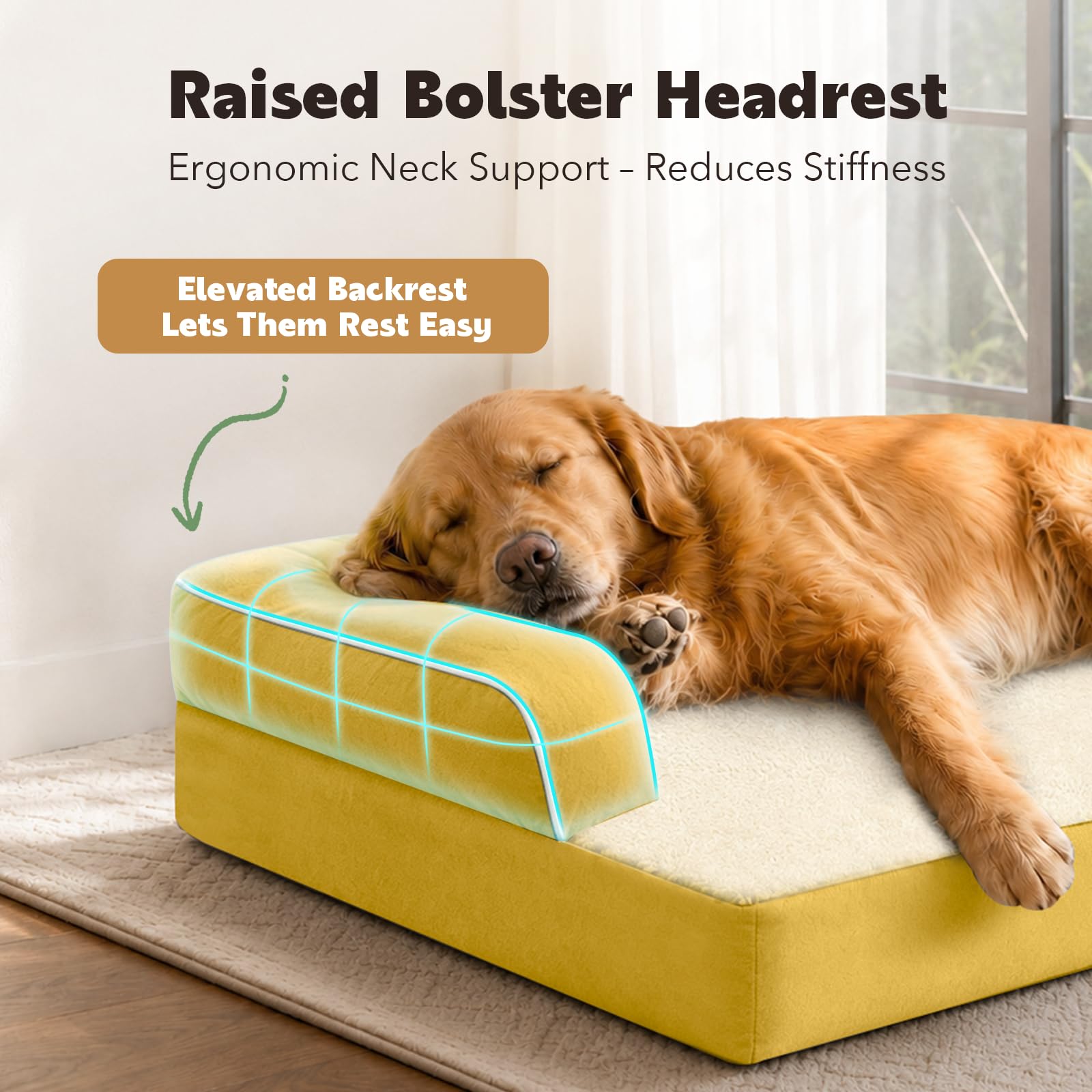 Orthopädisches Hundebett für große Hunde, orthopädisch, waschbar, Couch-Sofa, Größe XL, große Hunde, Nackenrolle, Memory-Schaum, wasserdicht, mit abnehmbarem Bezug, Ingwergelb