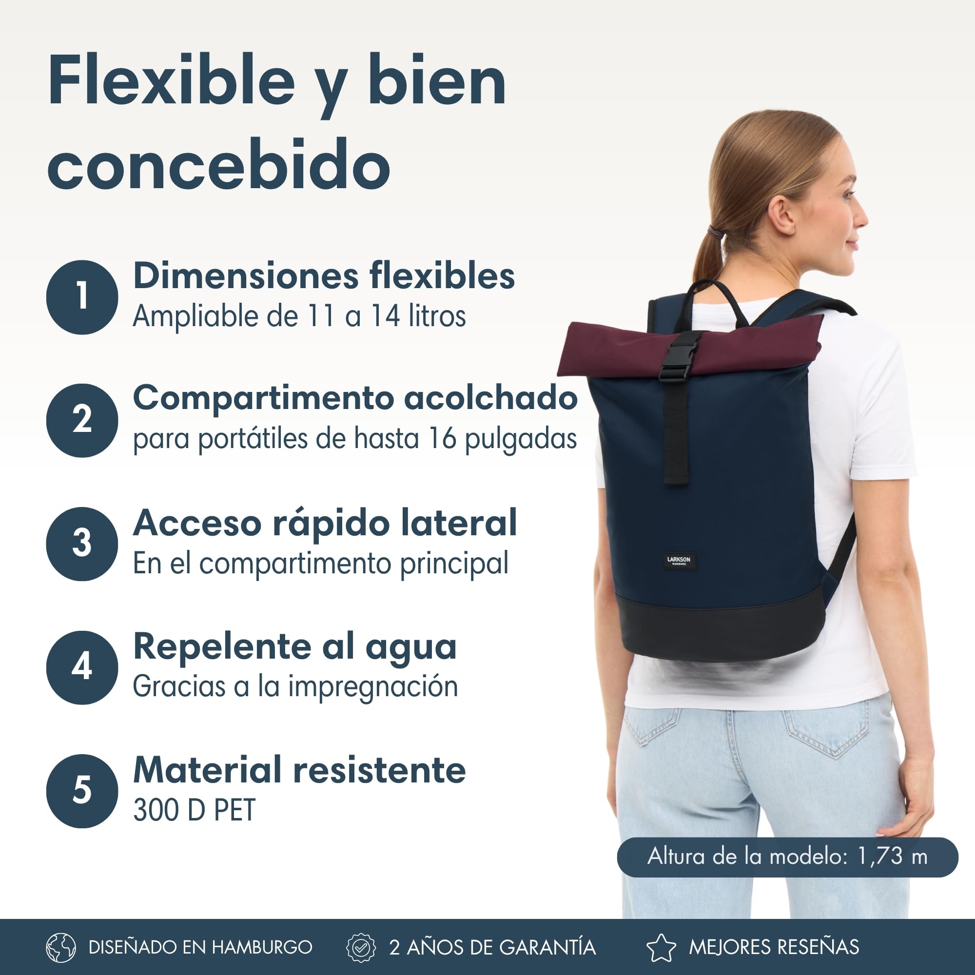 LARKSON Mochila Mujer y Hombre Azul Rojo - Janne Small - Mochila Pequeña con Compartimento para Portátil - Para Universidad Trabajo Viajes y Bicicleta - Repelente al Agua