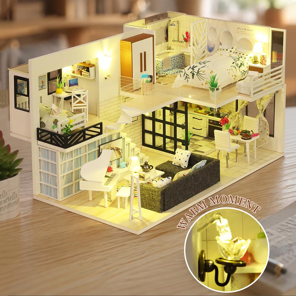 Kit fai da te in miniatura per casa delle bambole a 2 piani, modello moderno in legno con luci a LED, kit di costruzione fai da te, regalo creativo per hobby per adulti e ragazzi