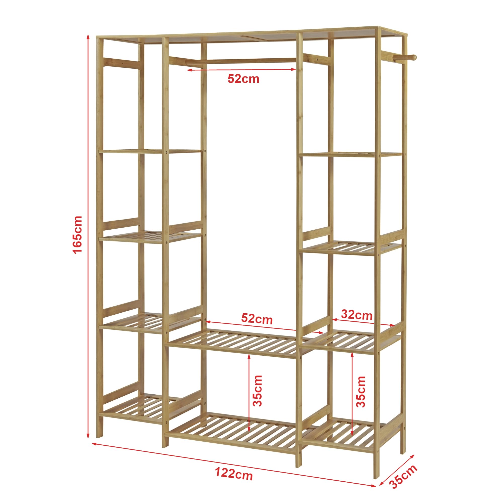 [en.casa] Stand Appendiabiti Armadio Aperto per Guardaroba Organizzatore con Barra Porta Abiti r Ripiani Struttura Aperta in Bambù 165 x 122 x 35 cm