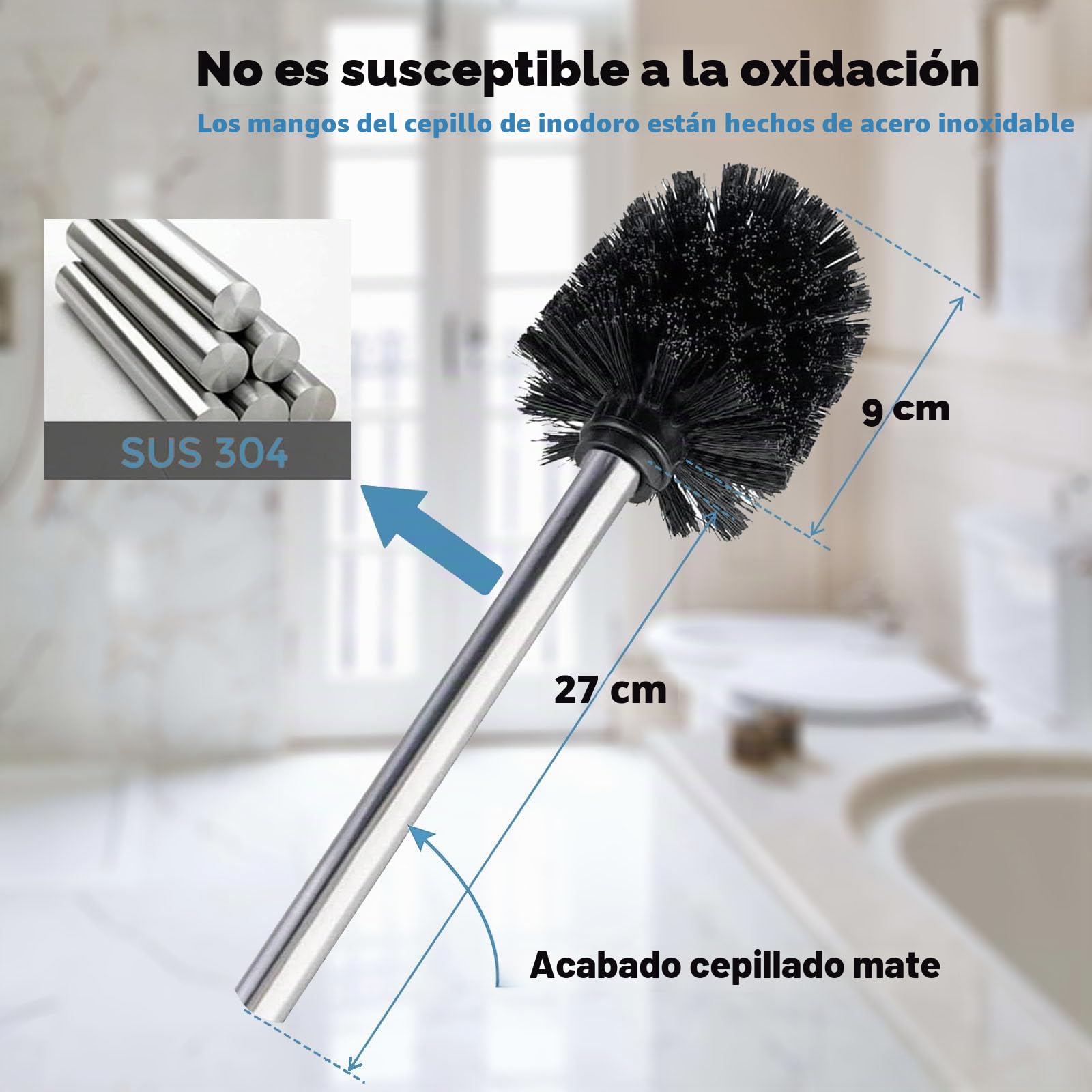 Escobilla de Inodoro, con 2 Cabezales de Cepillo, 7 cm de diámetro, de Acero Inoxidable 304, para la Limpieza del baño(PP Plateado)
