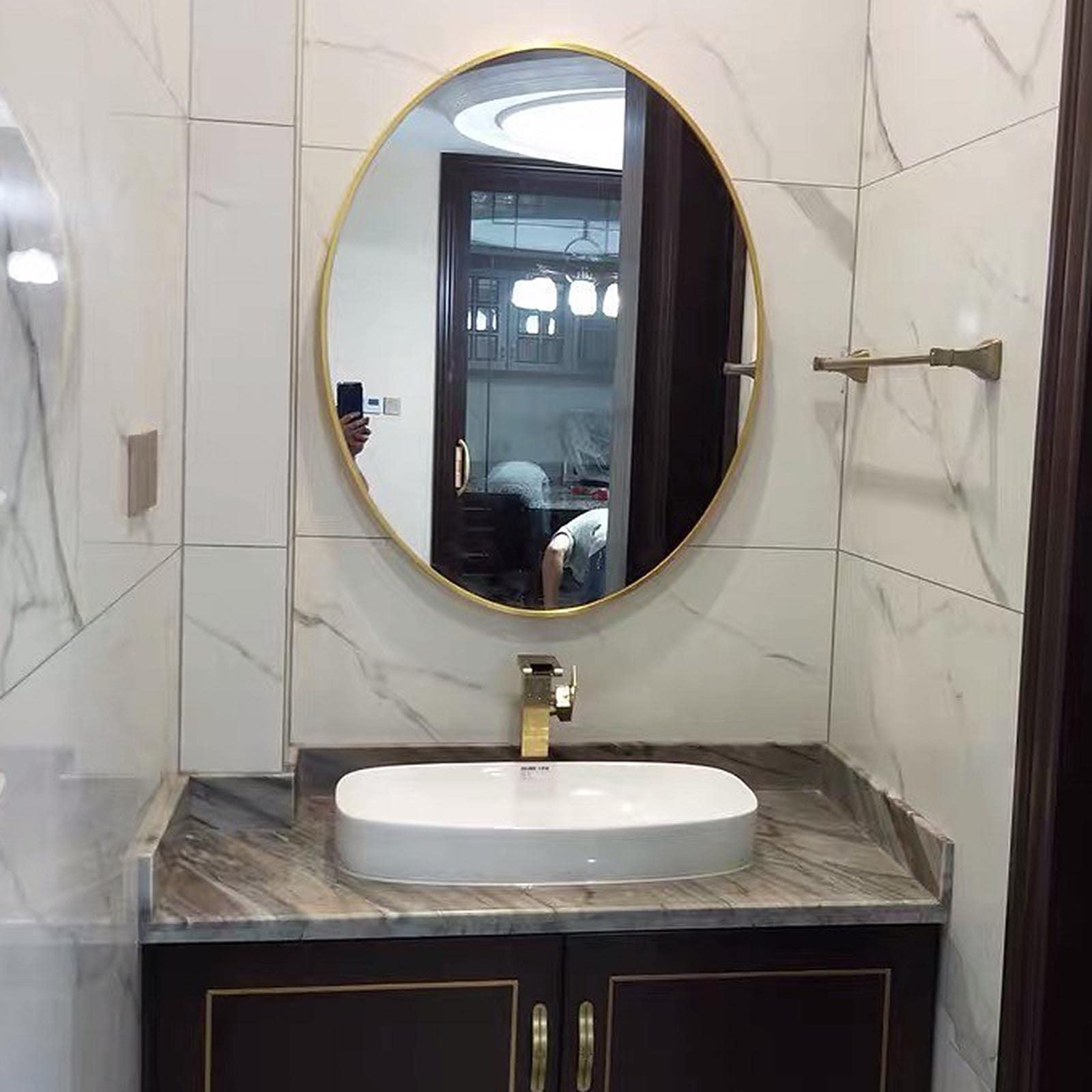 Specchio da bagno, Specchio da parete ovale con struttura in metallo(Black,50X70cm)