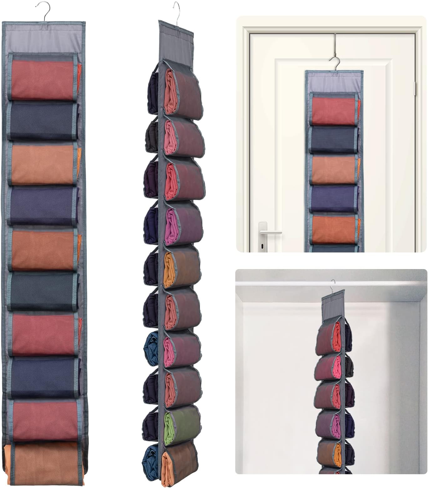 AulockAulock 2 Pack Legging Storage Organizer- Hanging Closet Organizer System Clothes Closets Holder with 20 Roll Independent Compartments for Yoga Leggings T-Shirts Bras Socks Pants Tank Top Towel(Grey)