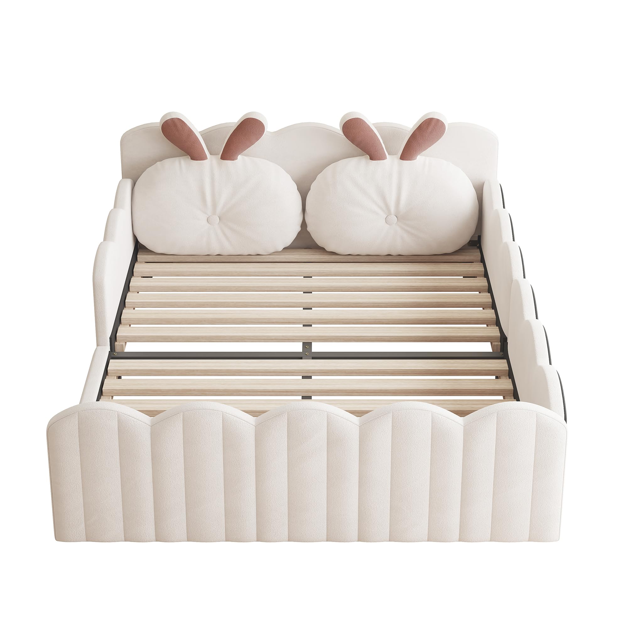 Letto imbottito 140 x 200 cm, letto con cuscino a forma di coniglio, letto per ragazzi con griglia, lettino per appartamento (senza materasso) lino beige