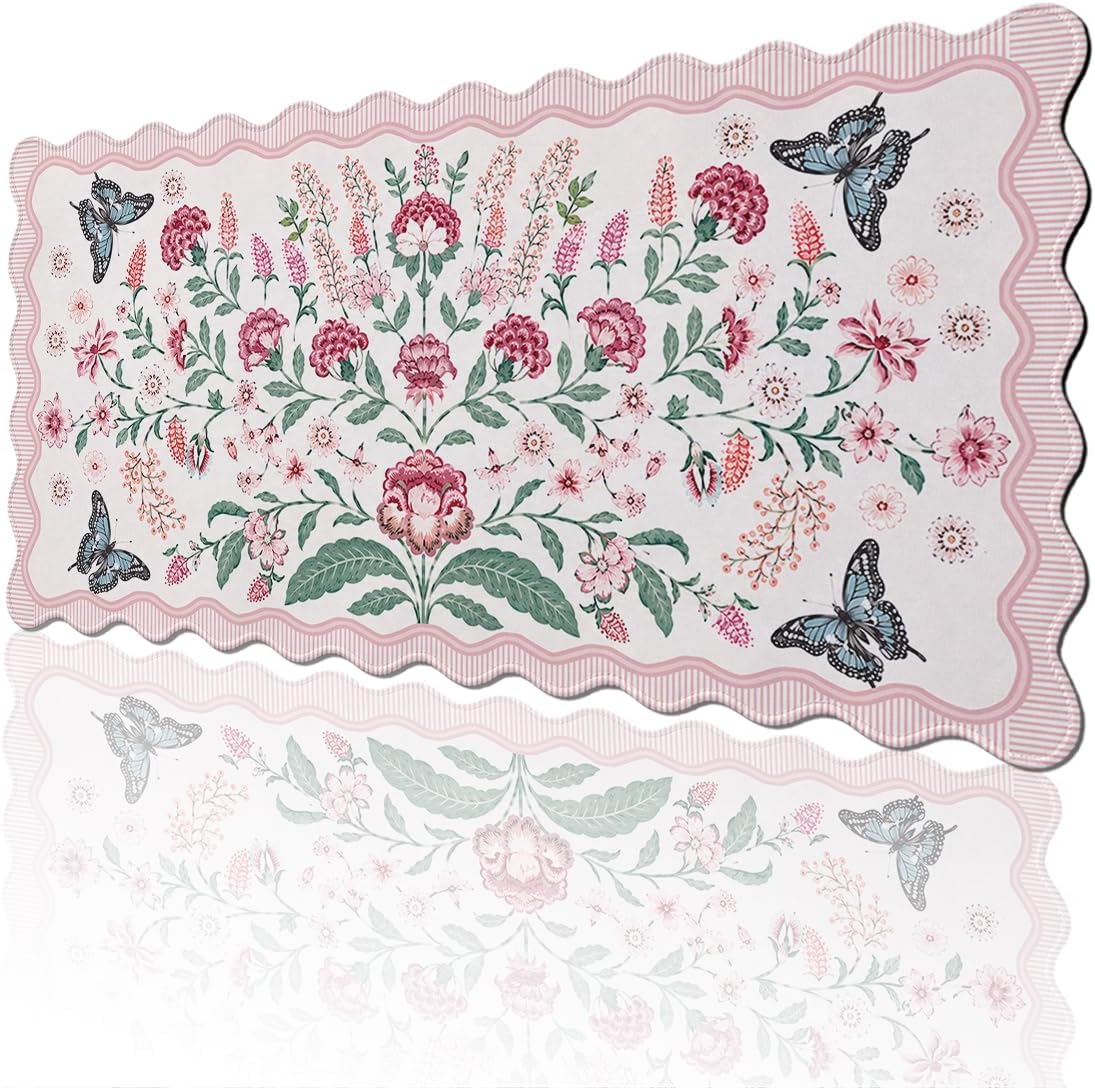 Pink Flowers Scalloped Desk Mat Butterfly Cottagecore Vintage Mousepad Extended Large Laptop Keyboard Non-Slip Rubber Base with Stitched Edges for Home 31.5x15.7 in