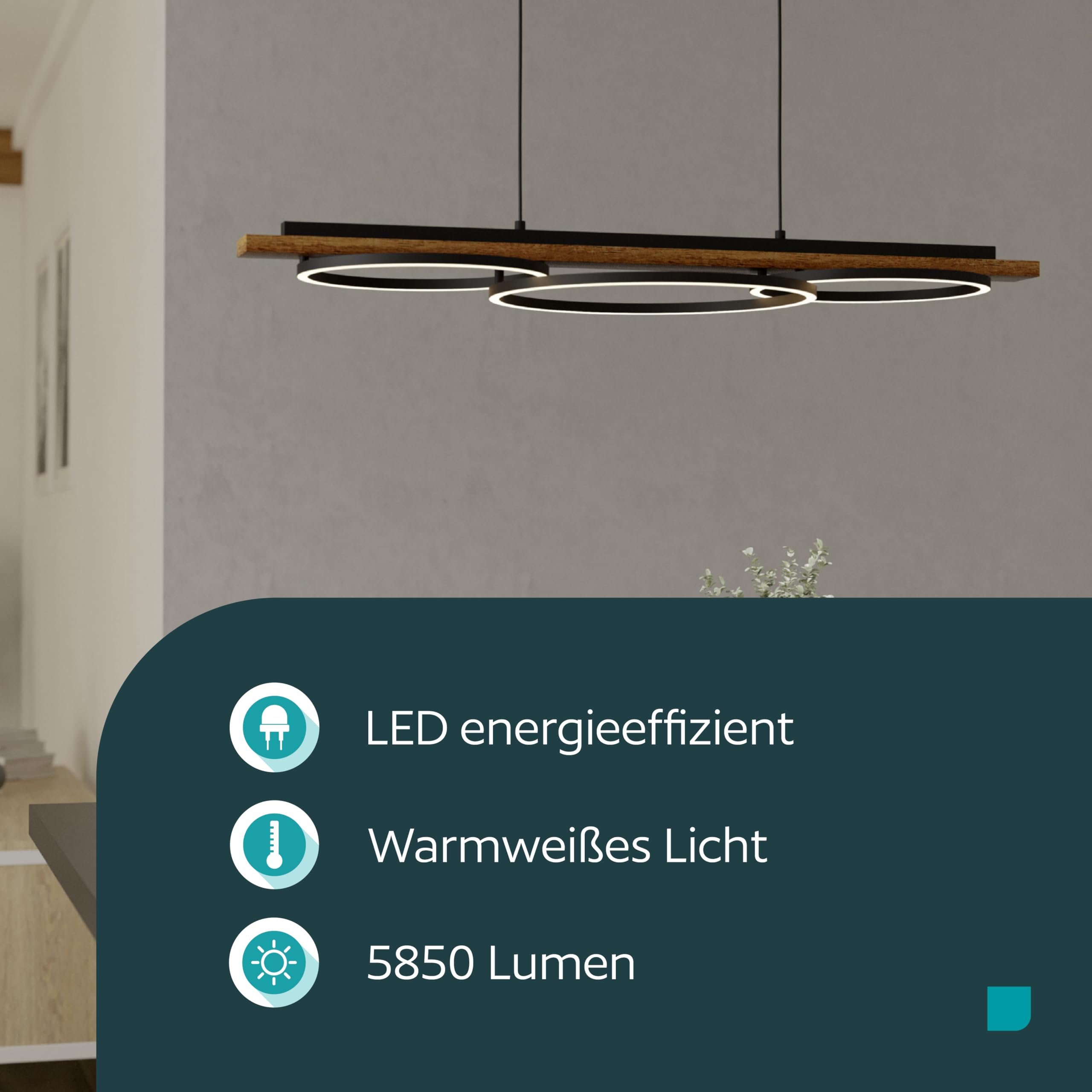 EGLO LED Pendelleuchte Boyal, 3-flammige Hängelampe | Hängeleuchte aus Metall, geflammtem Holz, Kunststoff, Esstischlampe in Schwarz, Braun, Weiß, Wohnzimmerlampe hängend