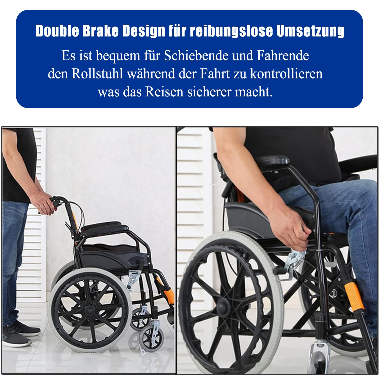 Rollstuhl faltbar leicht, Belastbarkeit 150 kg, Leicht Faltbar Rollstuhl mit Trommelbremse, Leichtgewicht Schmal Rollstühle mit Selbstantrieb, Reiserollstuhl, Sitzbreite 44.5 cm,Schwarz