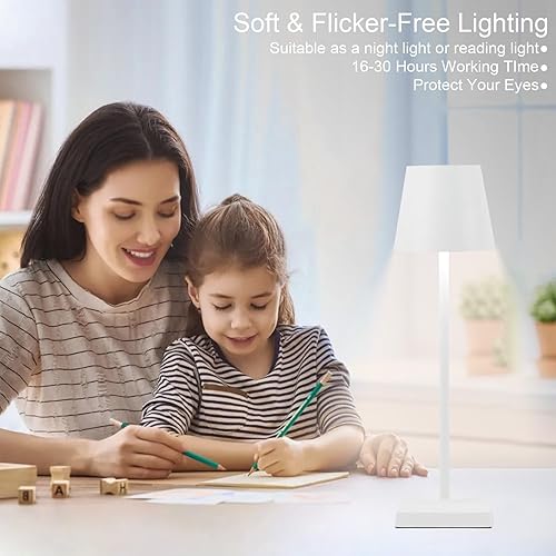 Miniatura 6 de Lámpara de mesa LED inalámbrica, paquete de 2 lámparas de escritorio recargables de 5200 mAh, funciona con pilas, 3 colores, luces de mesa