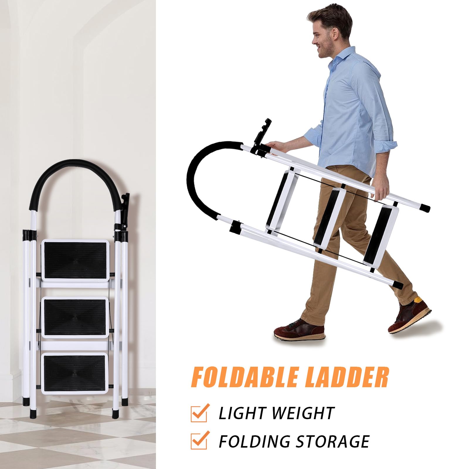 Marchepied Robuste Pliable de Bricolage, Escabeau à 3 marches - Prend Peu de Place et se Range Facilement - en Aluminium-104 x 57 x 41,5 cm - 3 marches (Blanc)